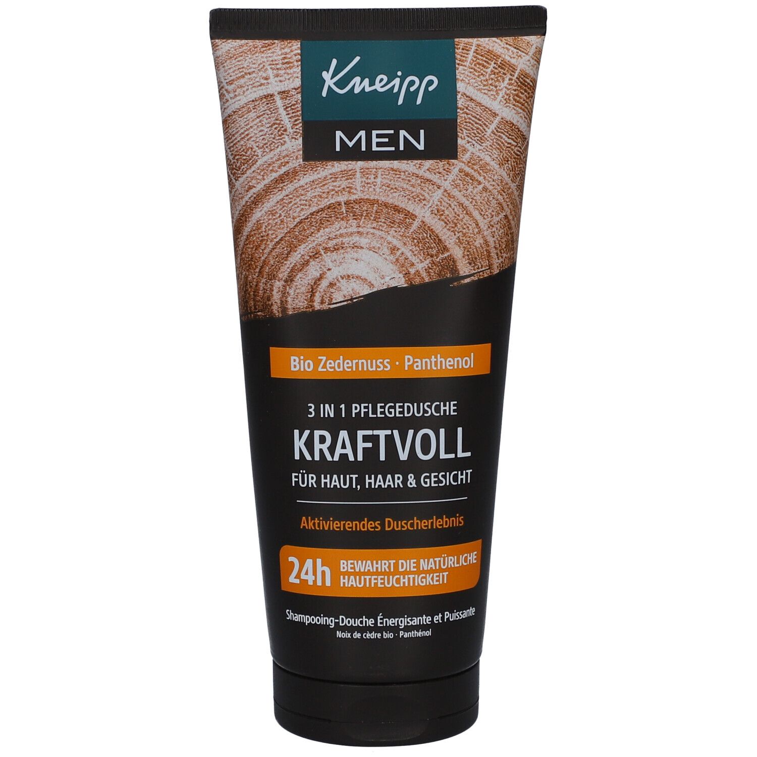 Kneipp Men 3in1 Pflegedusche. Schwarze Tube mit braunem Holzmuster. Text: Bio Zedernuss, Panthenol, Kraftvoll, 24h.