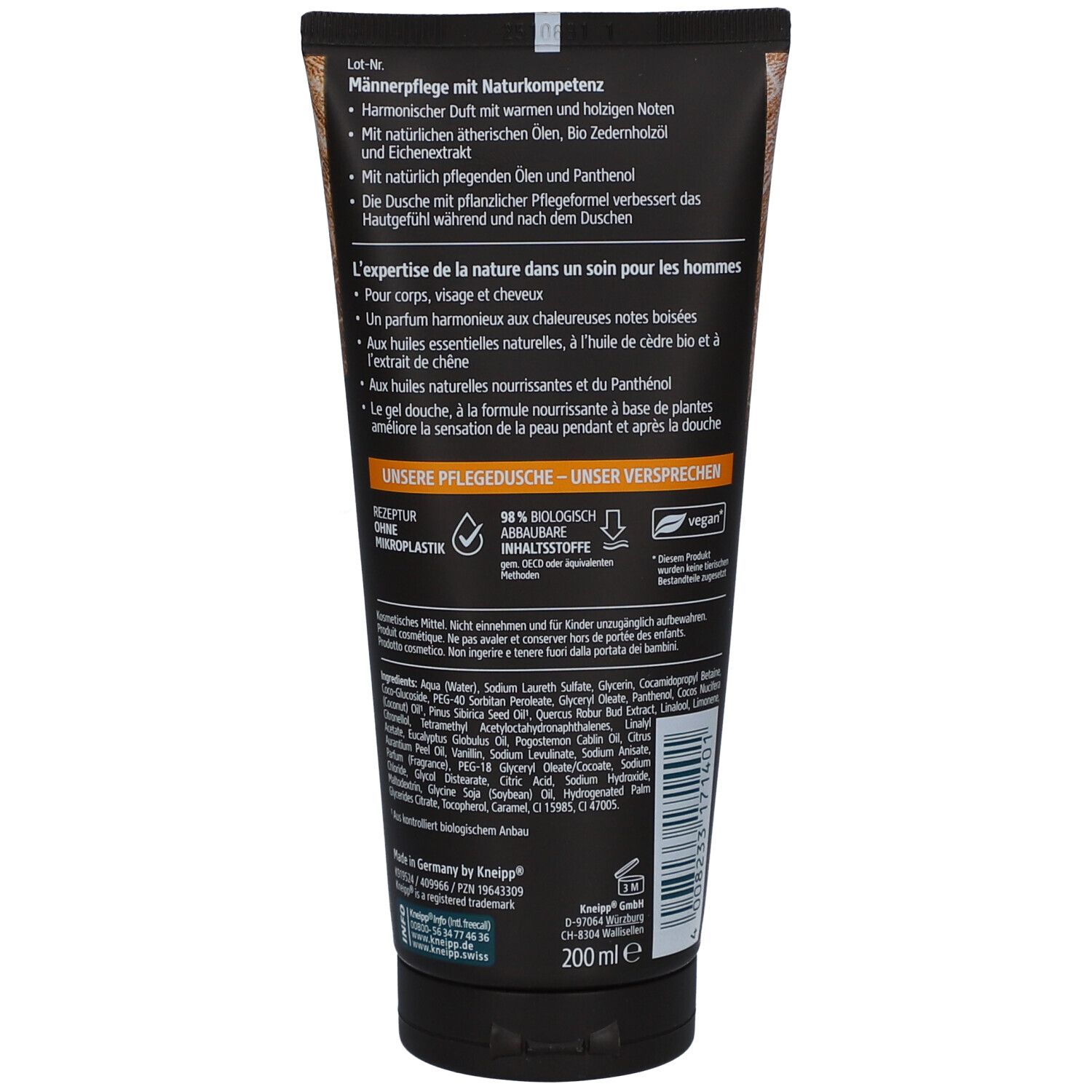 Rückseite der Kneipp Men 3in1 Pflegedusche. Schwarzer Hintergrund mit Text. Enthält Informationen zu Inhaltsstoffen und Versprechen.