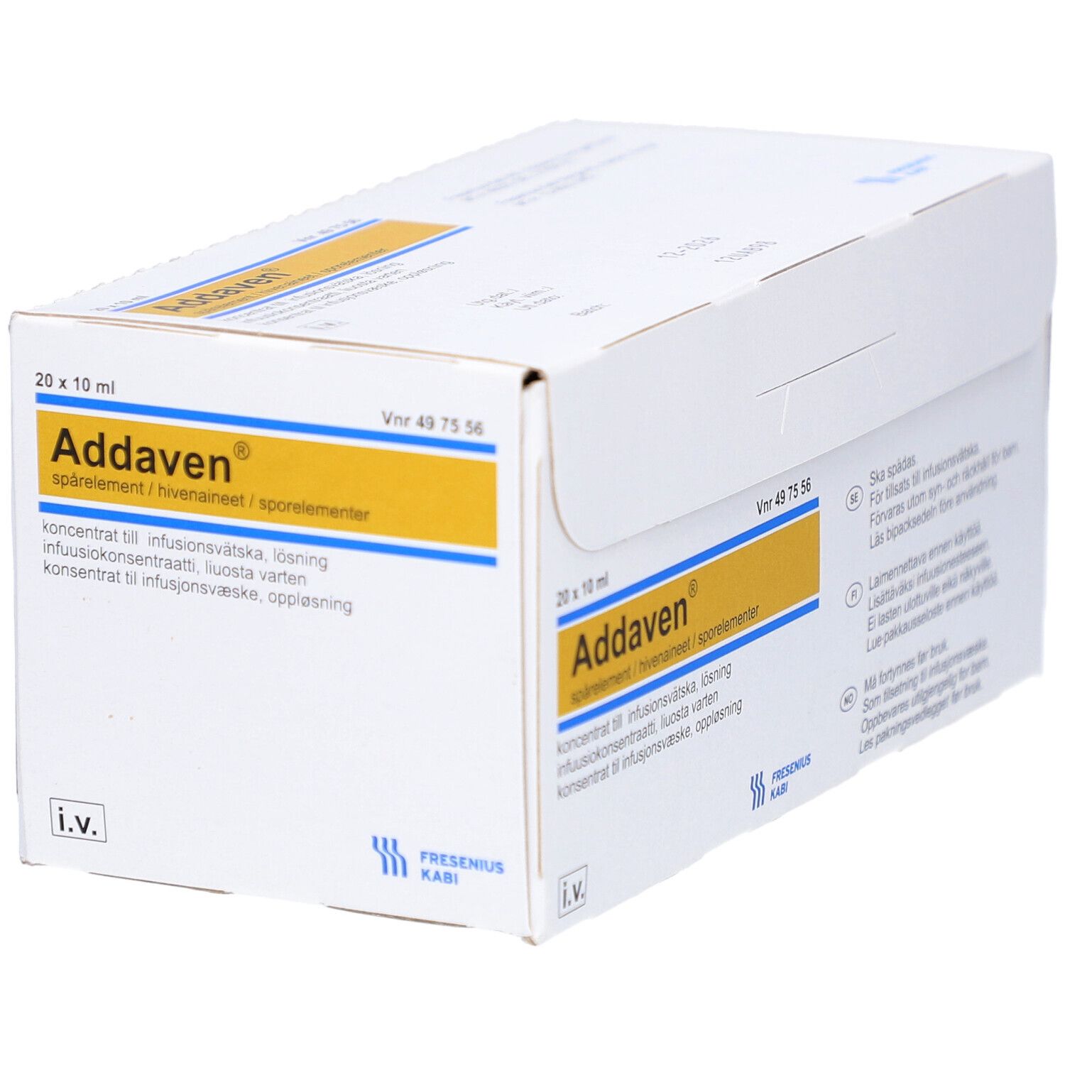 Karton ADDAVEN, 20 x 10 ml. Gelbe und weiße Beschriftung. I.V. Logo.