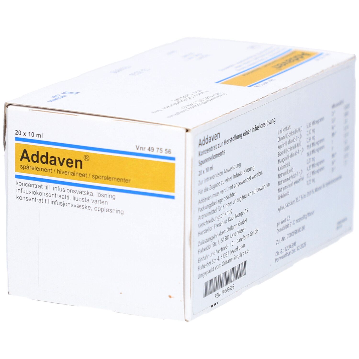 Karton ADDAVEN, 20 x 10 ml. Gelbe und weiße Beschriftung. I.V. Logo.