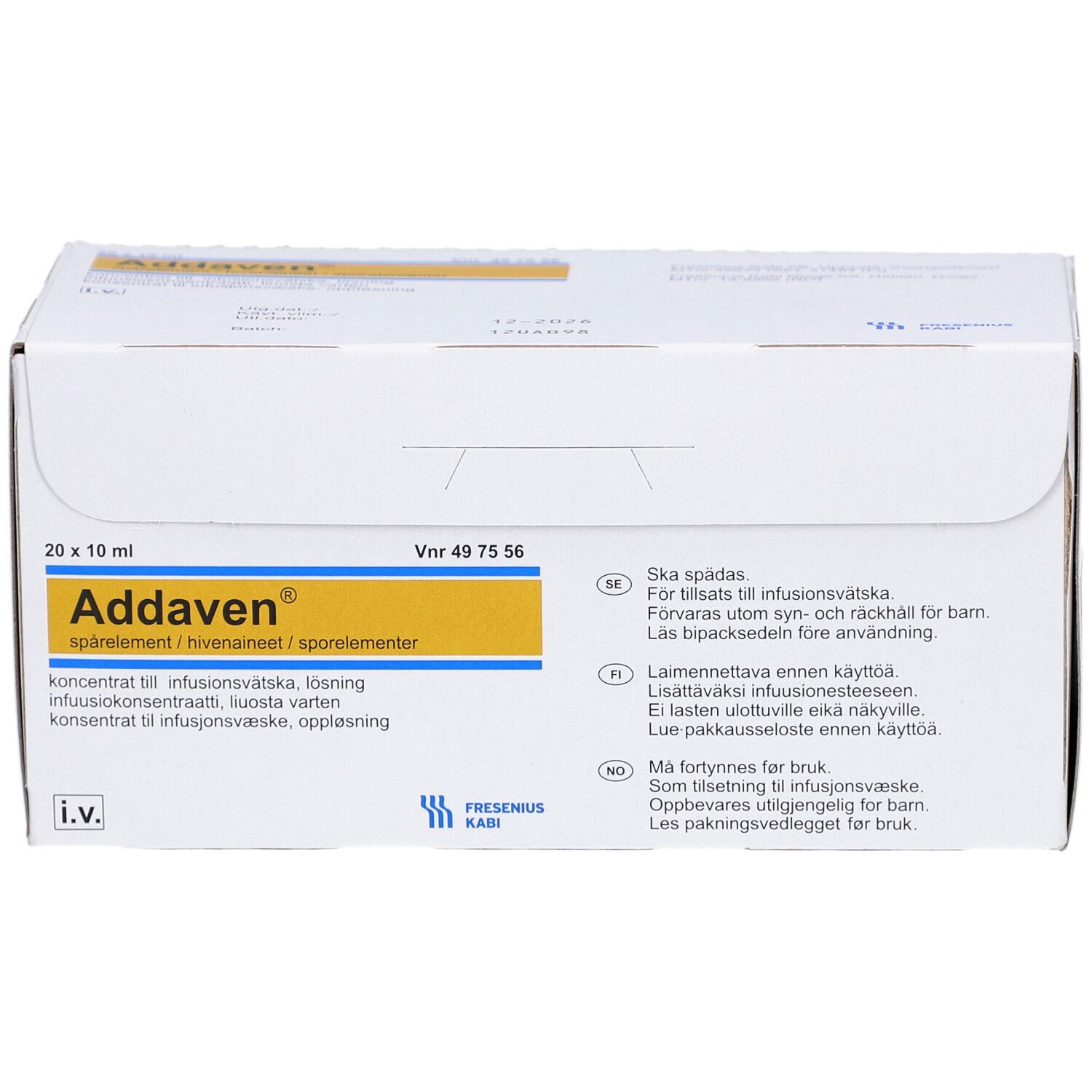 Karton ADDAVEN, 20 x 10 ml. Gelbe und weiße Beschriftung. I.V. Logo.