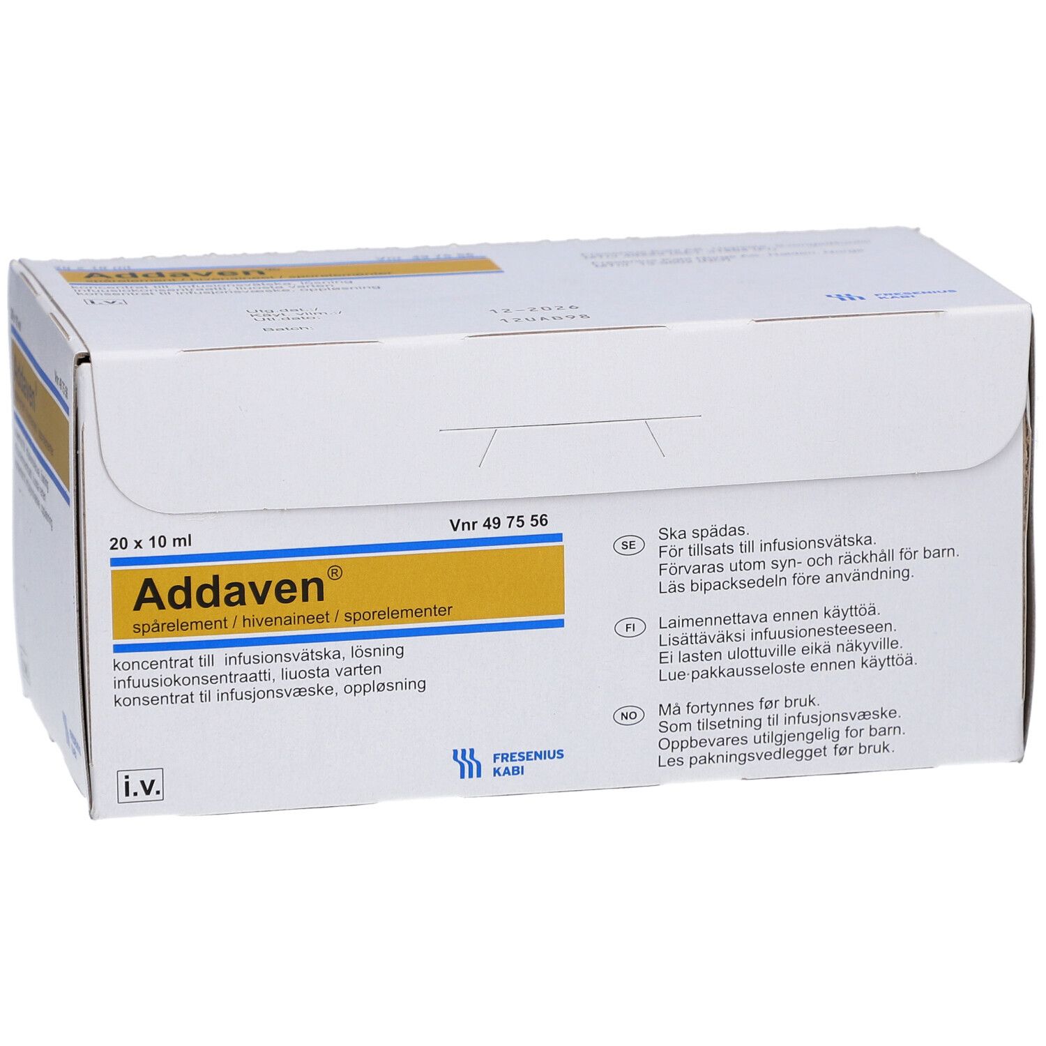 Karton ADDAVEN, 20 x 10 ml. Gelbe und weiße Beschriftung. I.V. Logo.