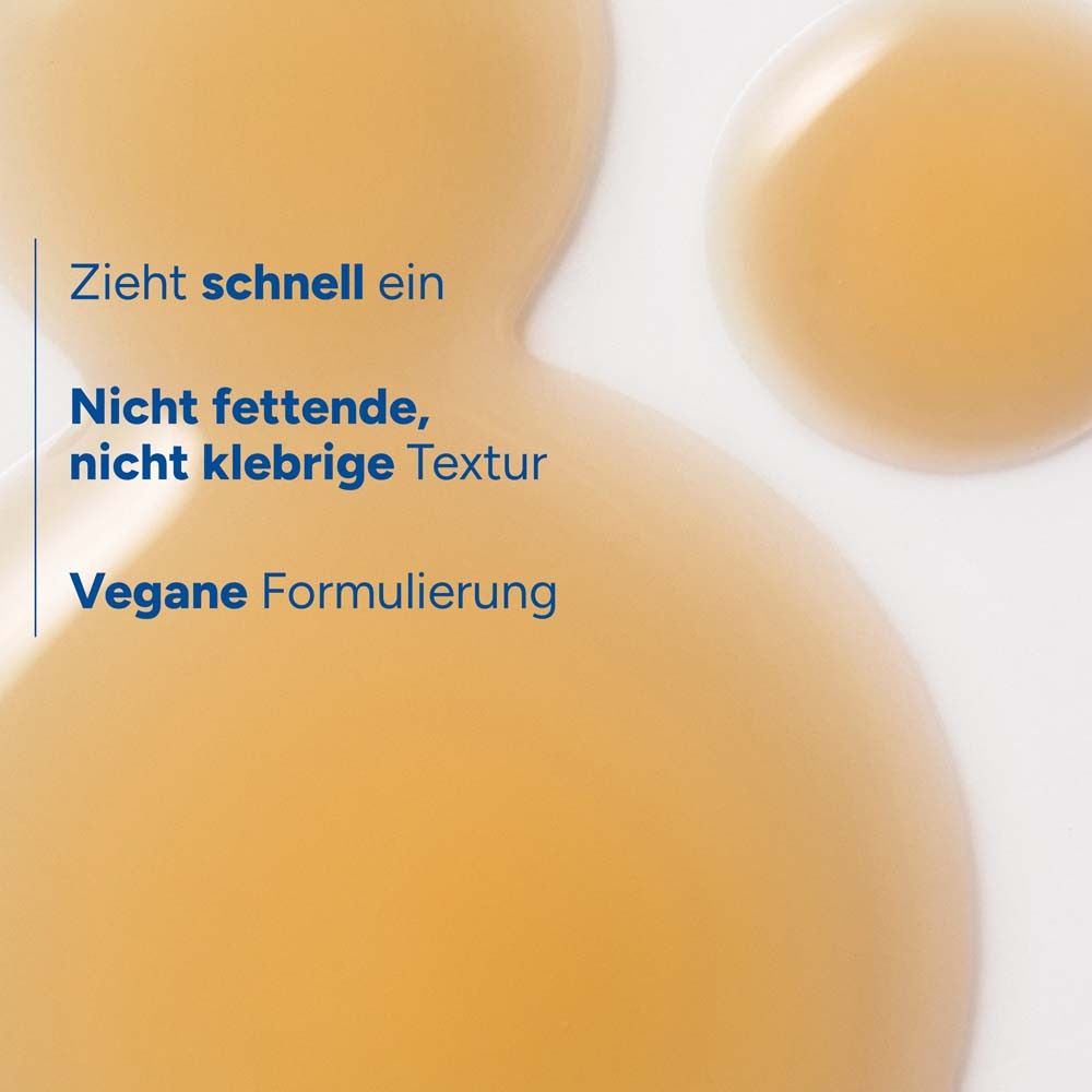 Flüssigkeitstropfen. Text: Zieht schnell ein, Nicht fettende, nicht klebrige Textur, Vegane Formulierung.