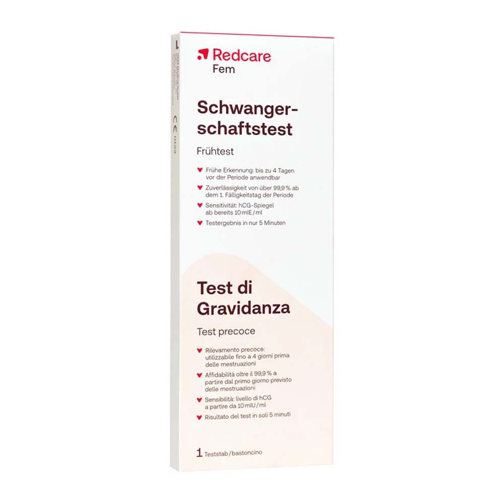 Verpackung von Redcare Fem Schwangerschaftstest. Text: Schwangerschaftstest, Frühtest, Test di Gravidanza.