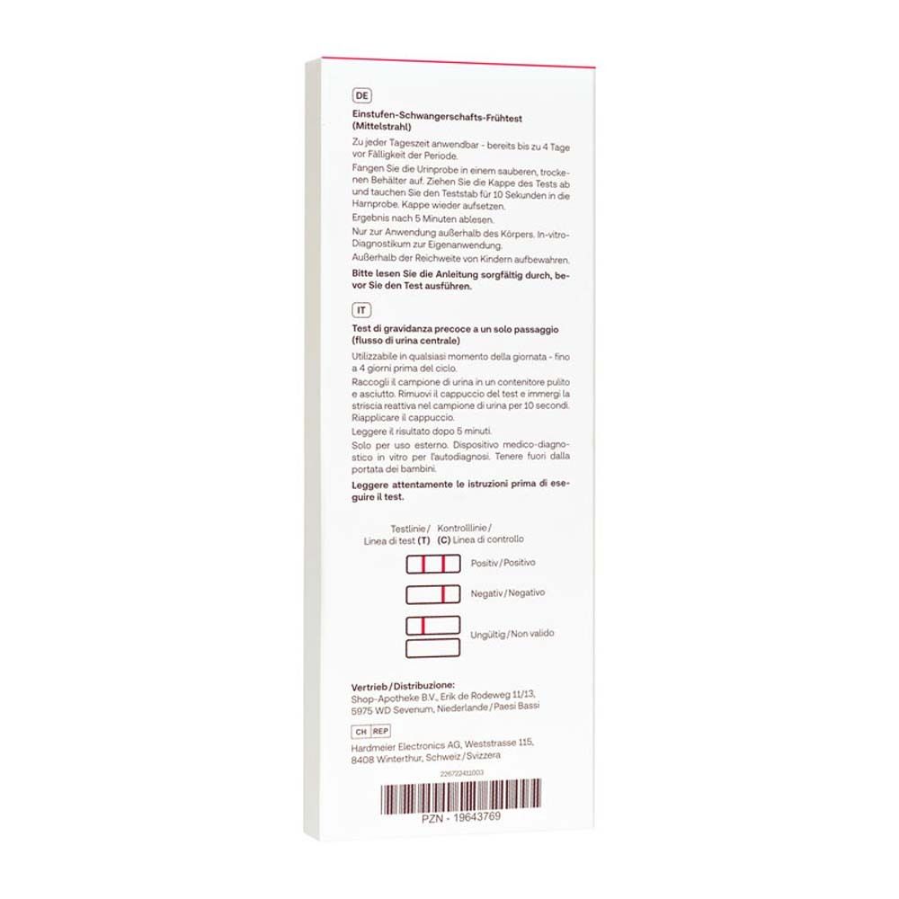 Rückseite der Verpackung. Text: Gebrauchsanweisung, Testergebnisse, CE-Kennzeichnung.