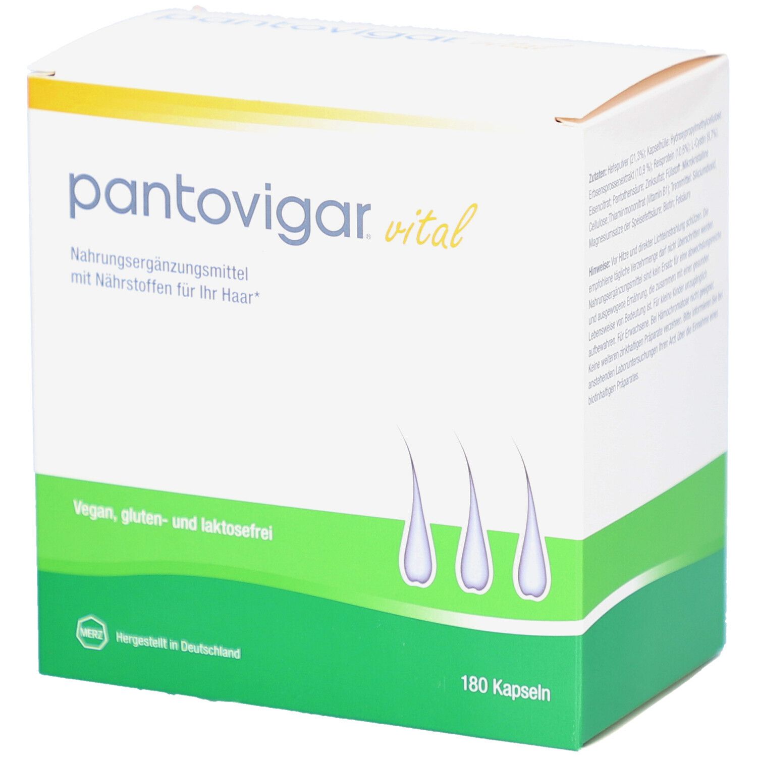 Weiße Schachtel mit grünem Streifen. Aufschrift: pantovigar vital, Nahrungsergänzungsmittel. Vegan, gluten- und laktosefrei. 180 Kapseln.