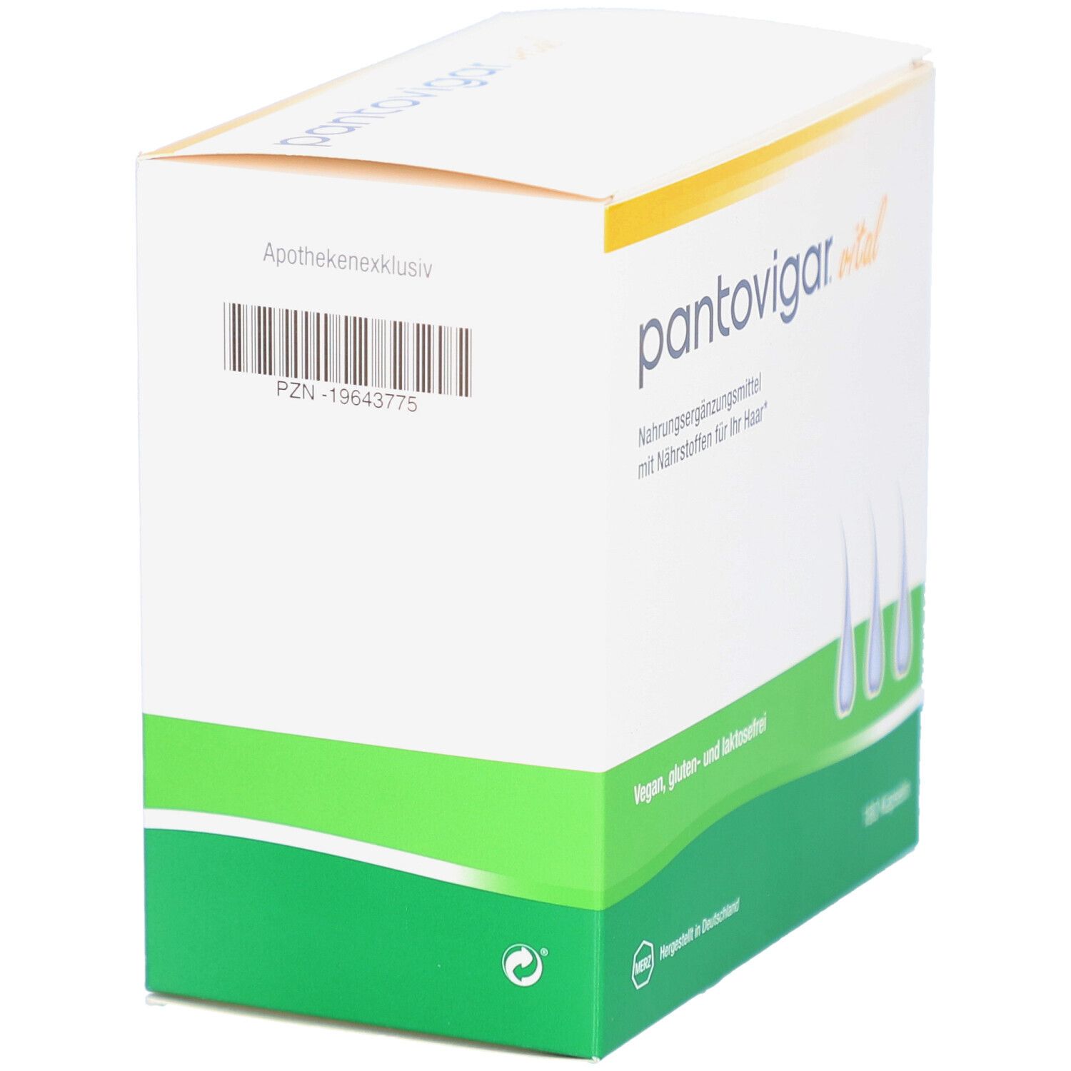 Weiße Schachtel, seitliche Ansicht. Aufschrift: pantovigar vital. Barcode und PZN-19643775. Grüner Streifen. Vegan, gluten- und laktosefrei.