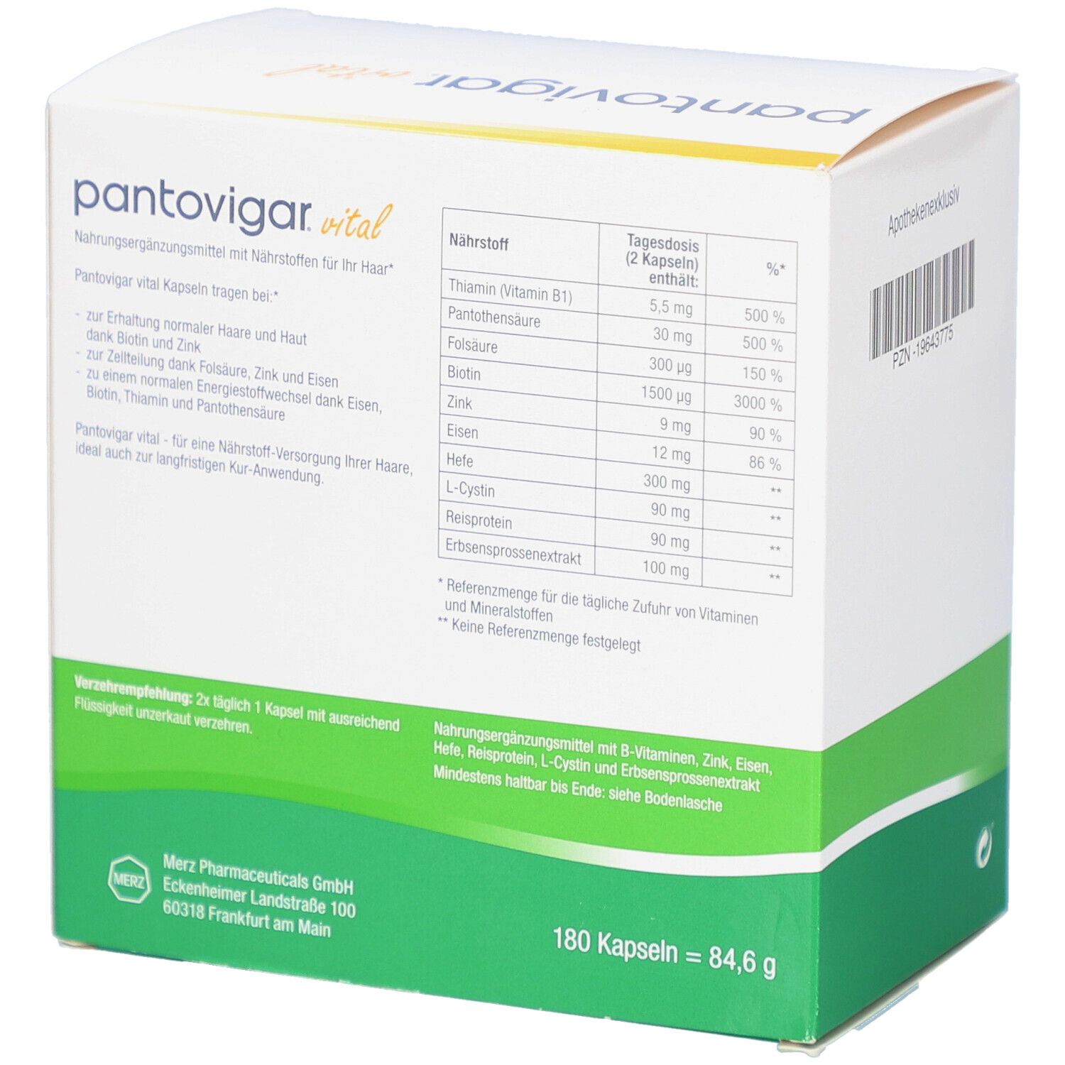 Rückseite der Schachtel. Enthält Nährwertangaben. Aufschrift: pantovigar vital. 180 Kapseln = 84,6 g. Herstellerinformationen.