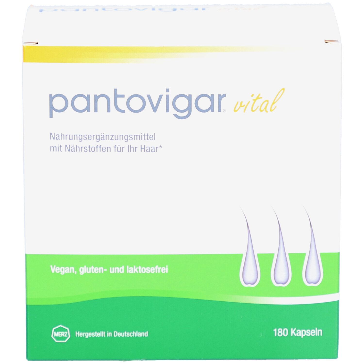 Weiße Schachtel mit grünem Streifen. Aufschrift: pantovigar vital, Nahrungsergänzungsmittel. Vegan, gluten- und laktosefrei. 180 Kapseln.