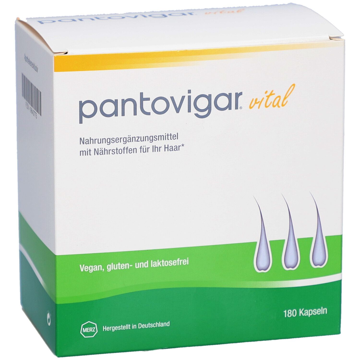Weiße Schachtel mit grünem Streifen. Aufschrift: pantovigar vital, Nahrungsergänzungsmittel. Vegan, gluten- und laktosefrei. 180 Kapseln.