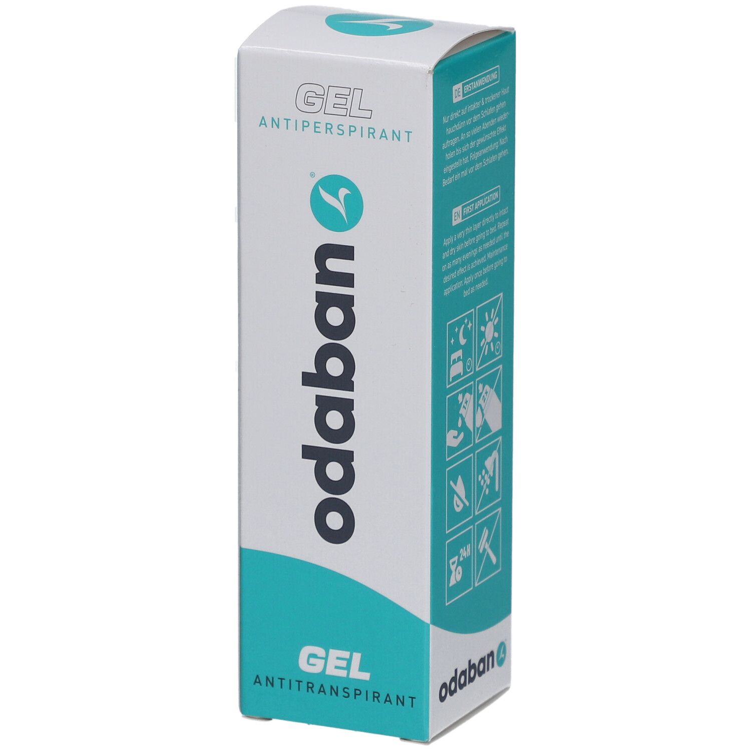 ODABAN® Antitranspirant Gel in einer weißen Schachtel mit türkisfarbenen Akzenten. Schriftzug: GEL ANTIPERSPIRANT, odaban.