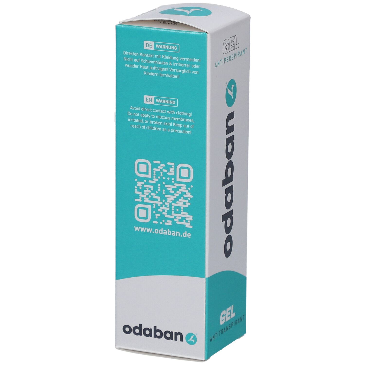 Rückseite der ODABAN® Antitranspirant Gel-Verpackung. Türkisfarbener Hintergrund mit Warnhinweisen und QR-Code. Schriftzug: odaban.