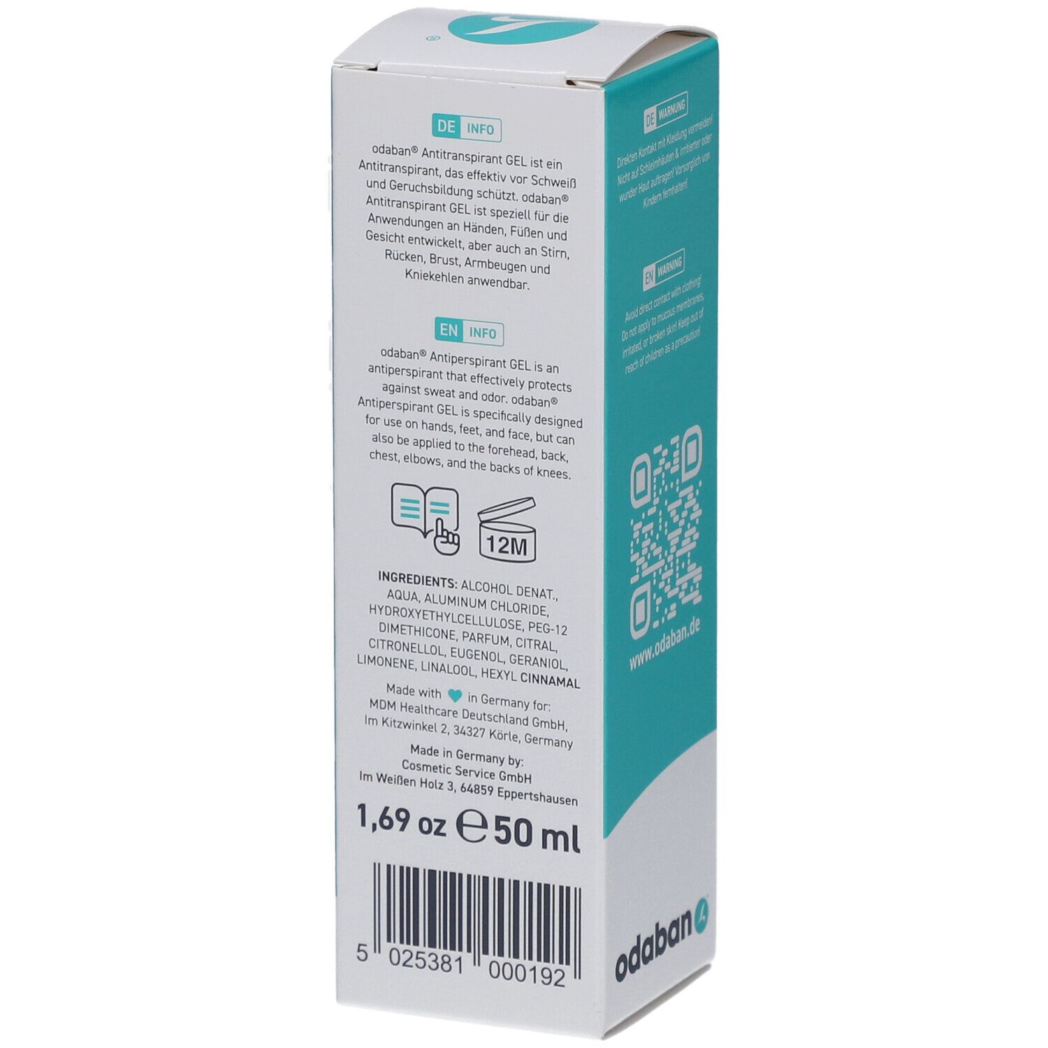 Rückseite der ODABAN® Antitranspirant Gel-Verpackung mit Produktbeschreibung, Inhaltsstoffen und Herstellerinformationen. Schriftzug: odaban.