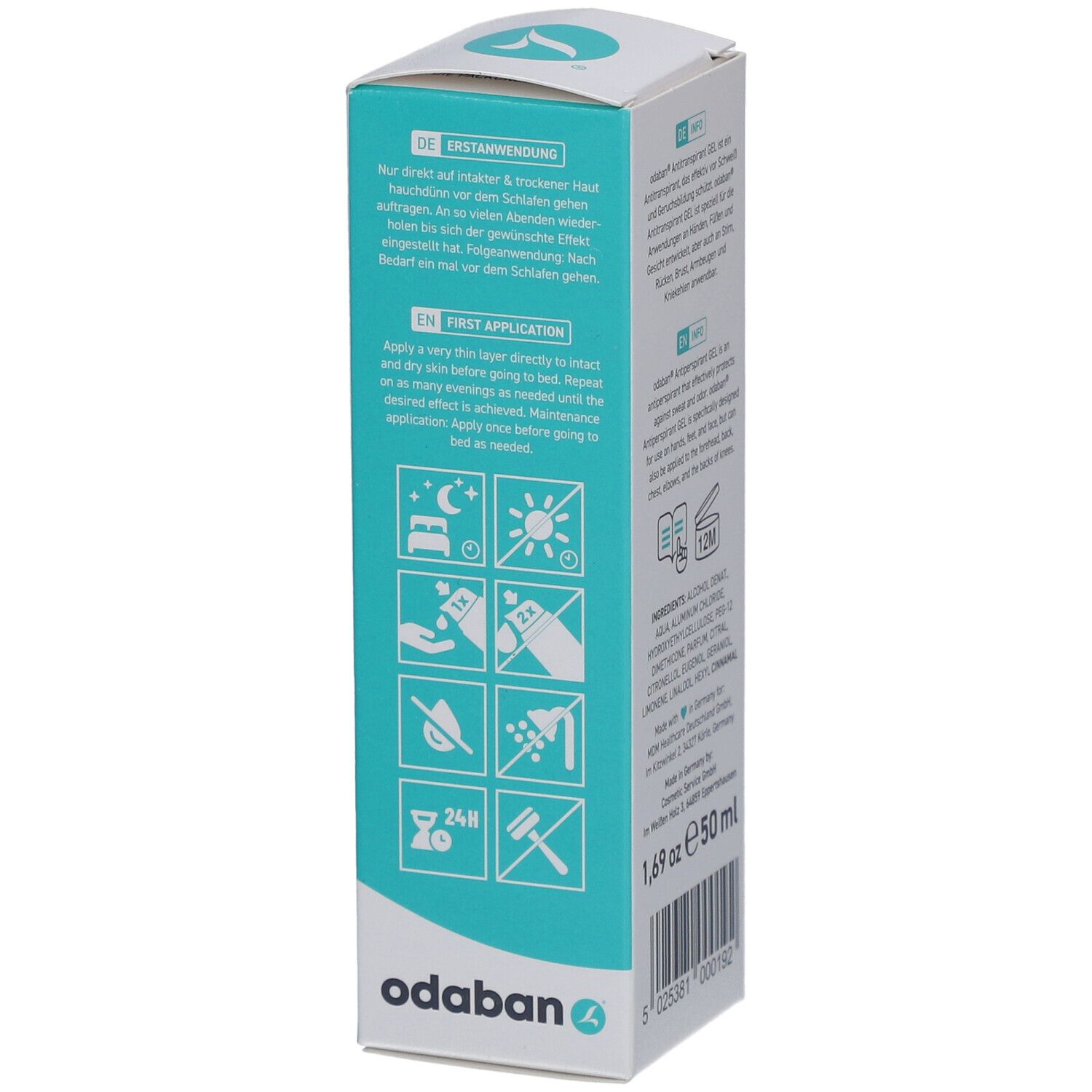 Seite der ODABAN® Antitranspirant Gel-Verpackung mit Anwendungsanleitung und Piktogrammen. Schriftzug: odaban.