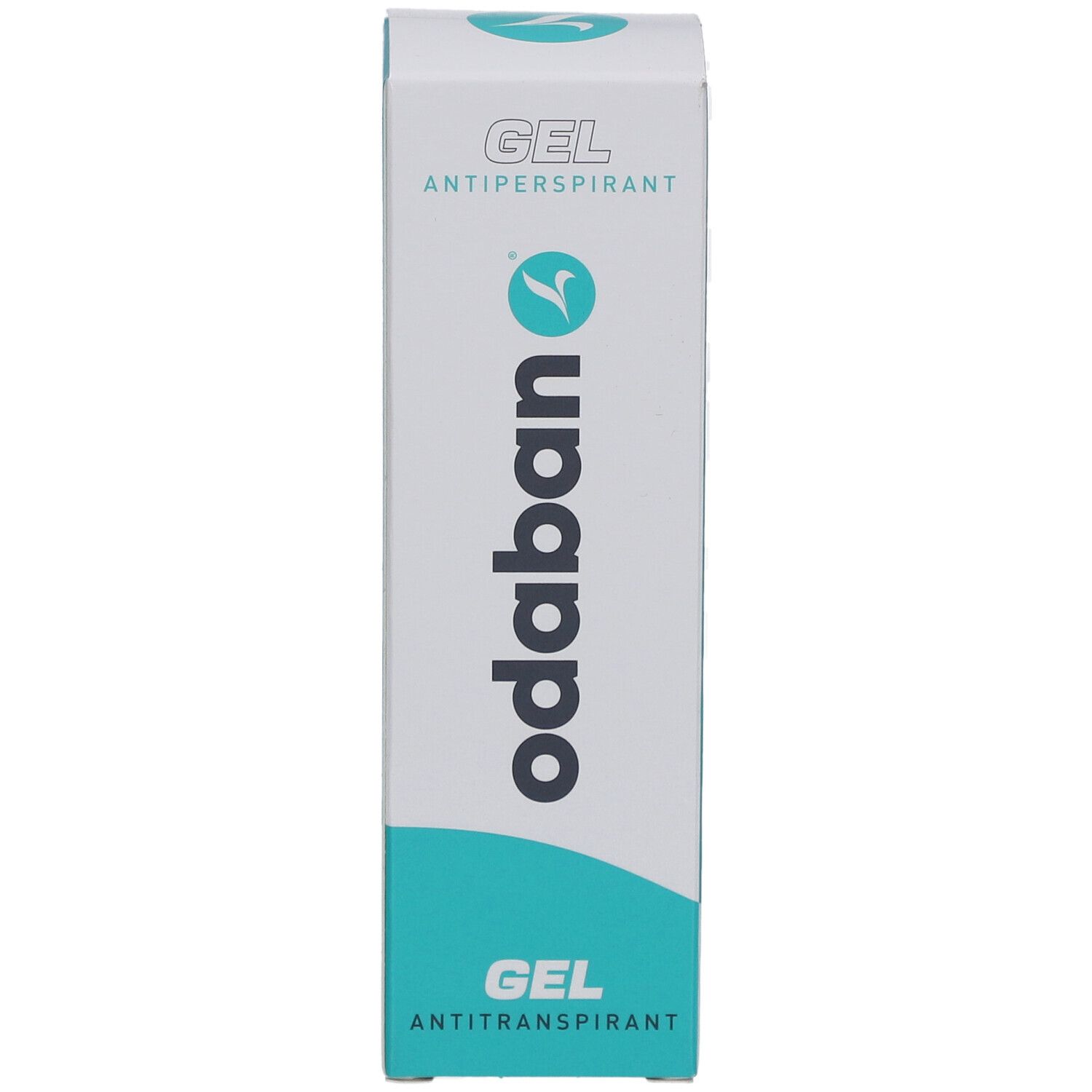ODABAN® Antitranspirant Gel-Verpackung, weiß mit türkisfarbenen Akzenten. Schriftzug: GEL ANTIPERSPIRANT, odaban.