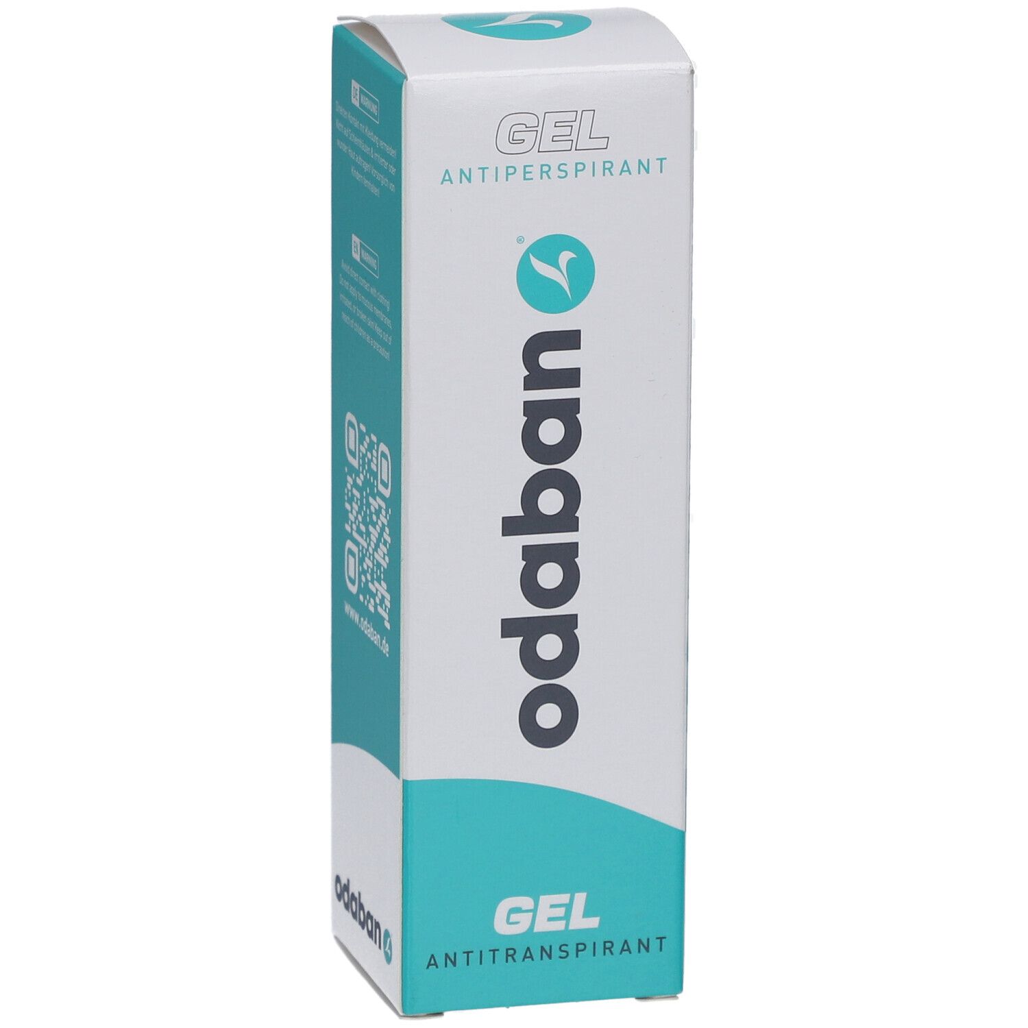 ODABAN® Antitranspirant Gel-Verpackung, weiß mit türkisfarbenen Akzenten. Schriftzug: GEL ANTIPERSPIRANT, odaban.