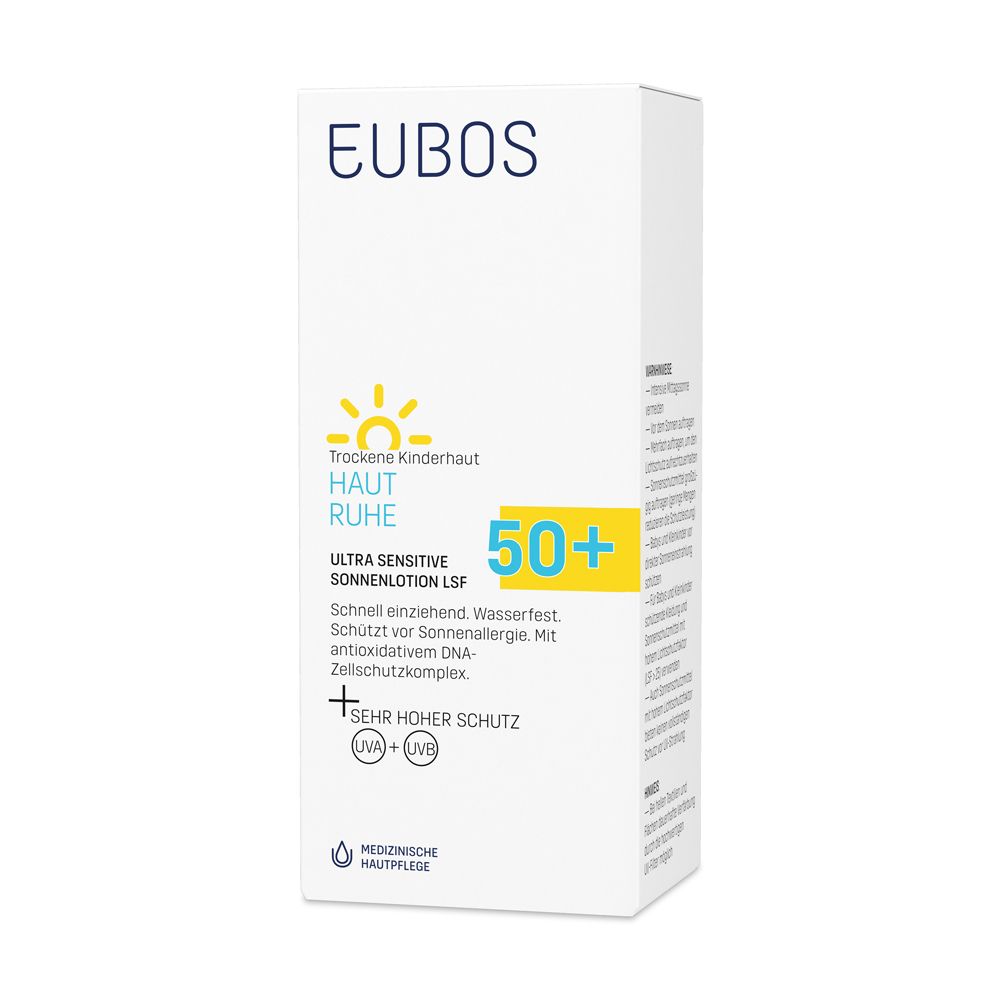 Karton mit Produktinformationen. Marke EUBOS, HAUTF RUHE, ULTRA SENSITIVE SONNENLOTION LSF 50+.