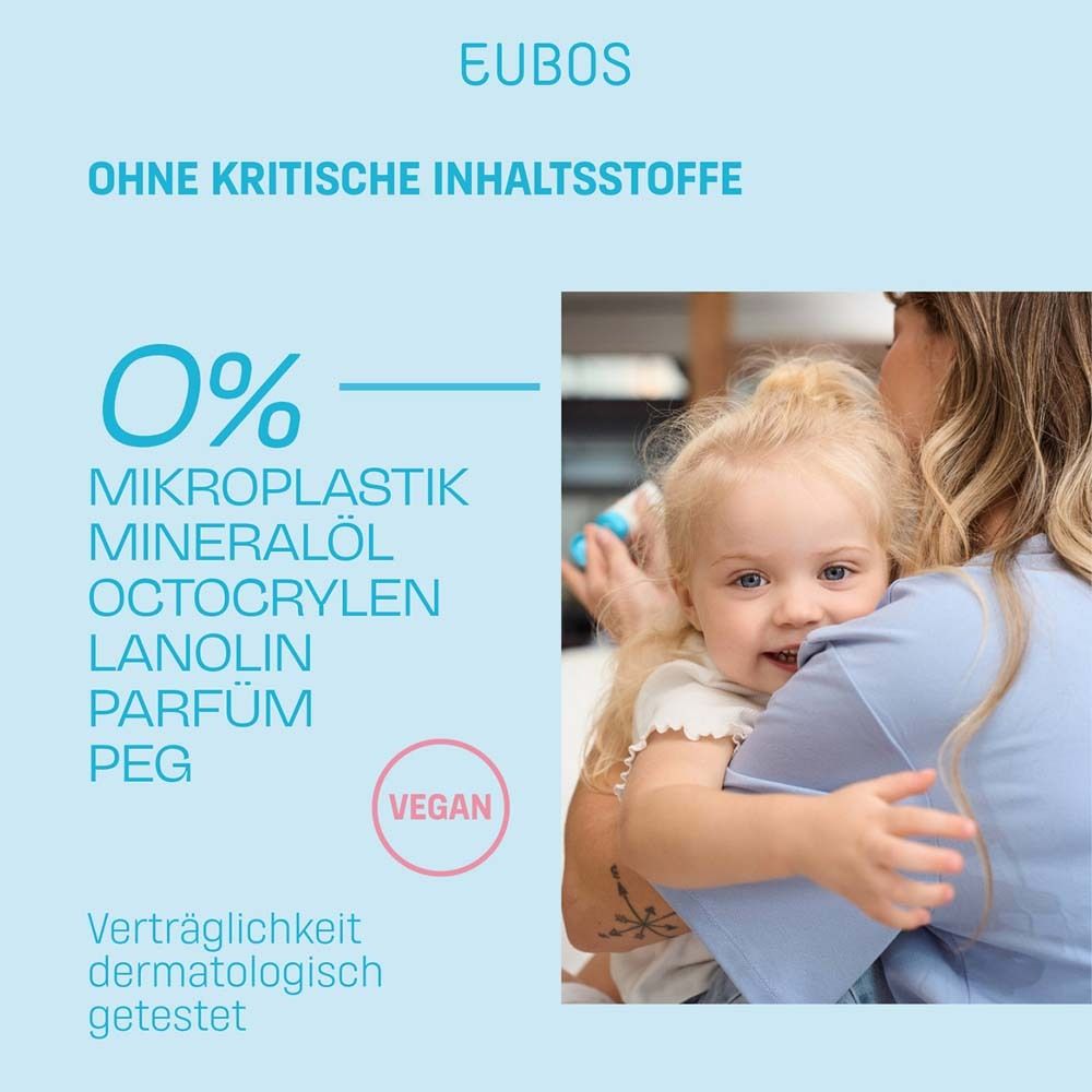 EUBOS® HAUT RUHE Sonnenlotion. Text: 0% Mikroplastik, Mineralöl, Parfum, PEG. Vegan-Siegel.