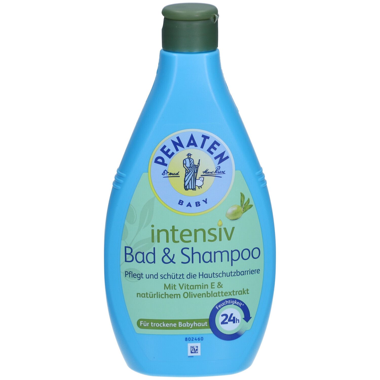 Hellblaue Flasche mit grünem Deckel. Aufschrift: PENATEN BABY intensiv Bad & Shampoo. Mit Vitamin E und Olivenblattextrakt.