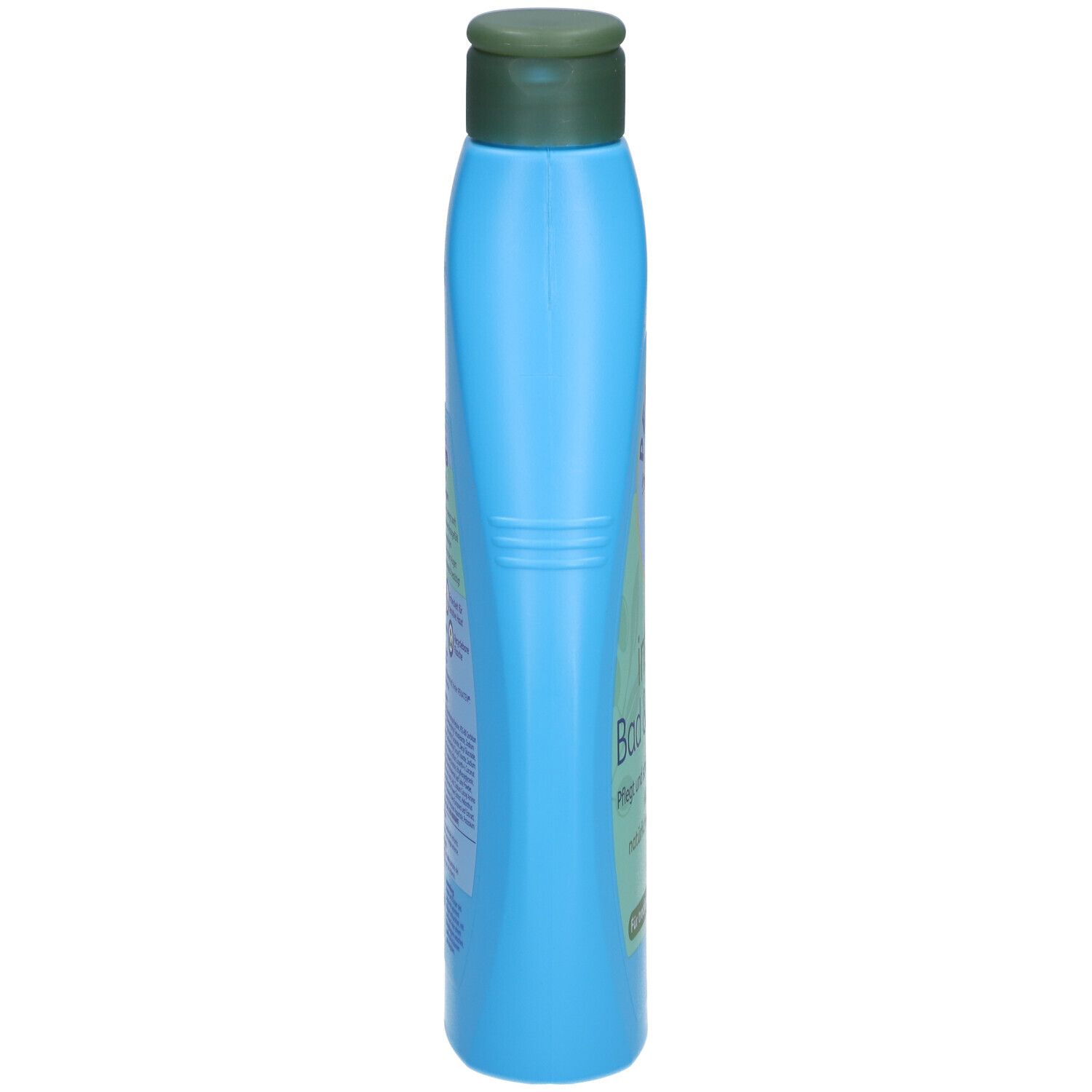 Schmale, hellblaue Flasche mit grünem Deckel. Seitliche Beschriftung.