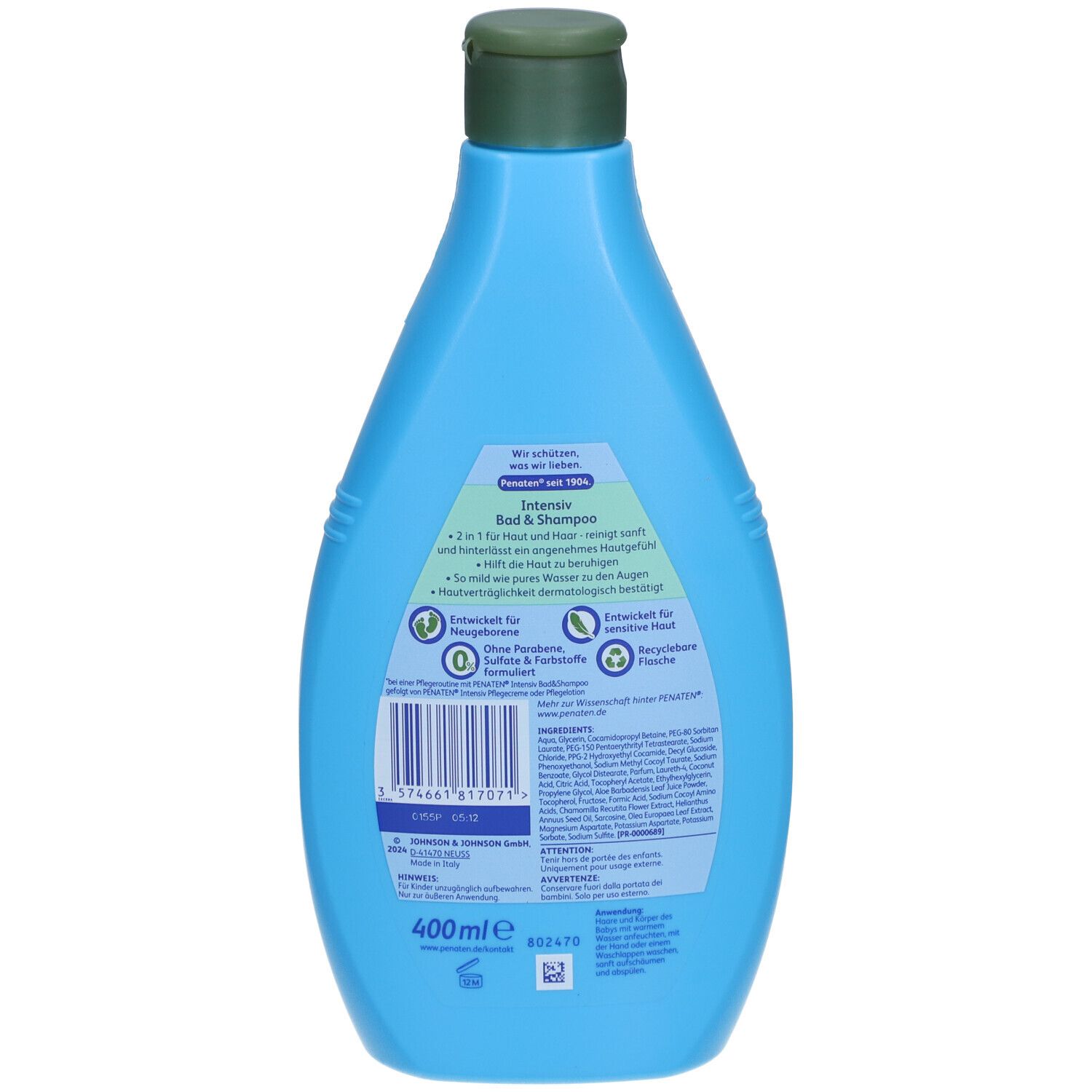 Rückseite einer hellblauen Flasche mit grünem Deckel. Beschriftung mit Inhaltsstoffen und Informationen.