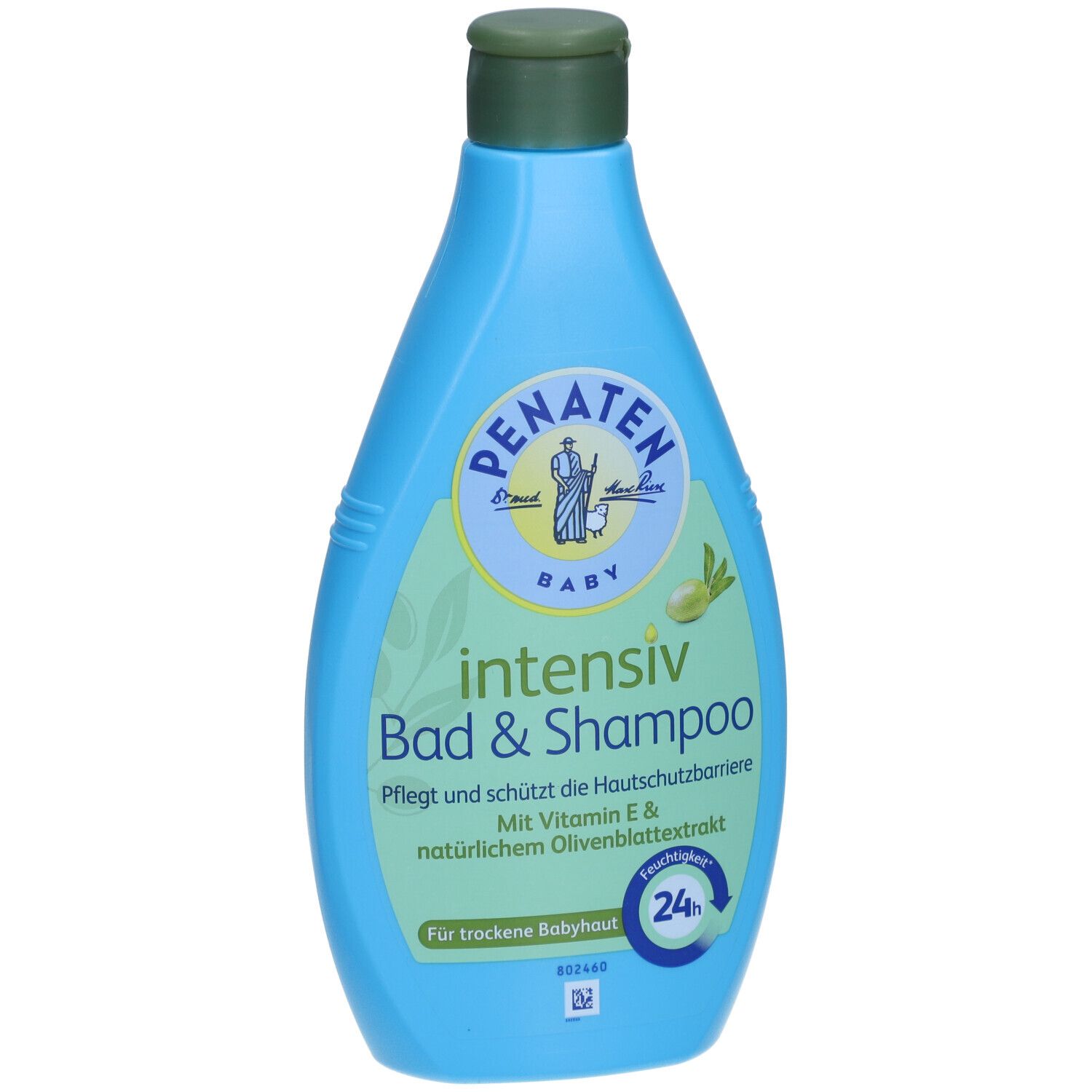 Hellblaue Flasche mit grünem Deckel. Aufschrift: PENATEN BABY intensiv Bad & Shampoo. Mit Vitamin E und Olivenblattextrakt.