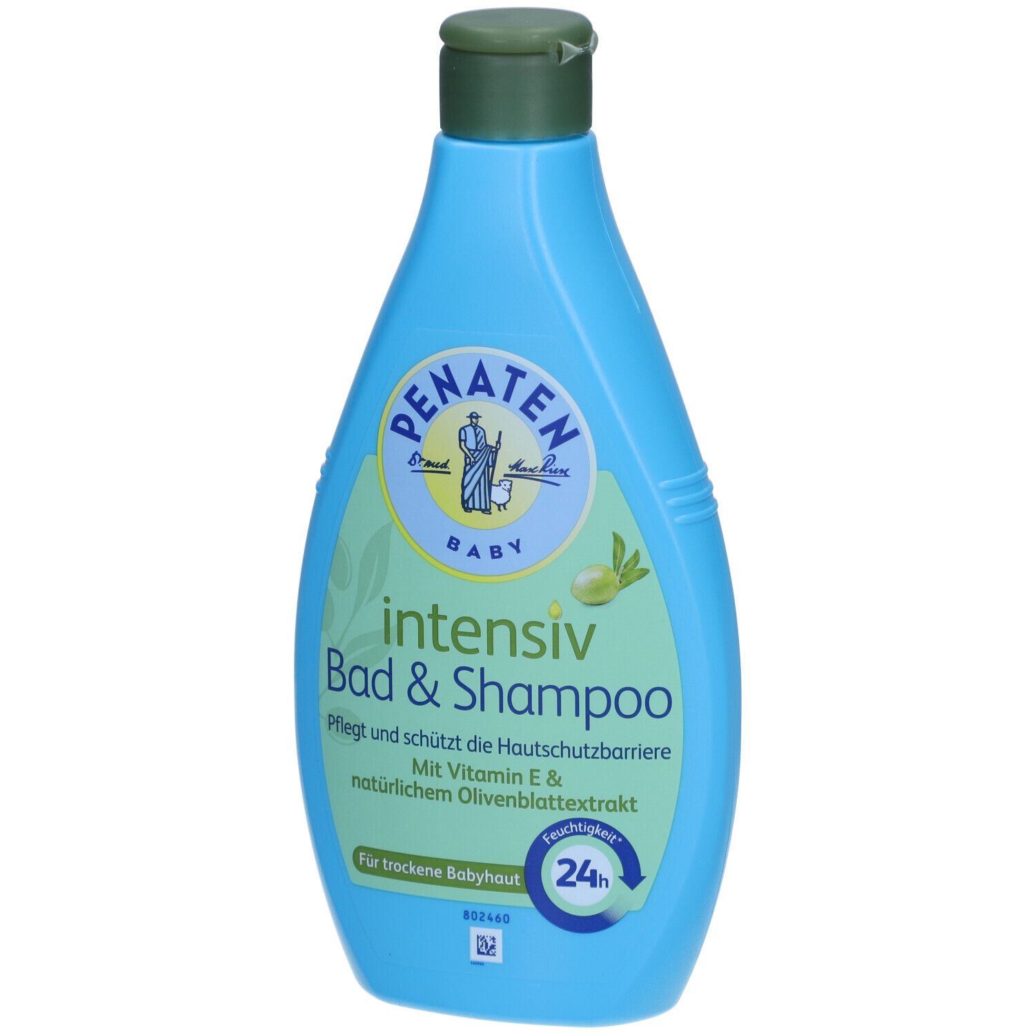 Hellblaue Flasche mit grünem Deckel. Aufschrift: PENATEN BABY intensiv Bad & Shampoo. Mit Vitamin E und Olivenblattextrakt.