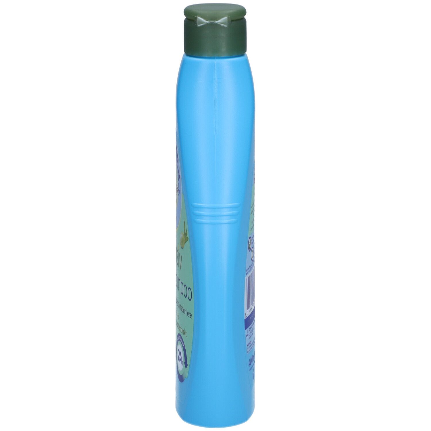 Schmale, hellblaue Flasche mit grünem Deckel. Seitliche Beschriftung.