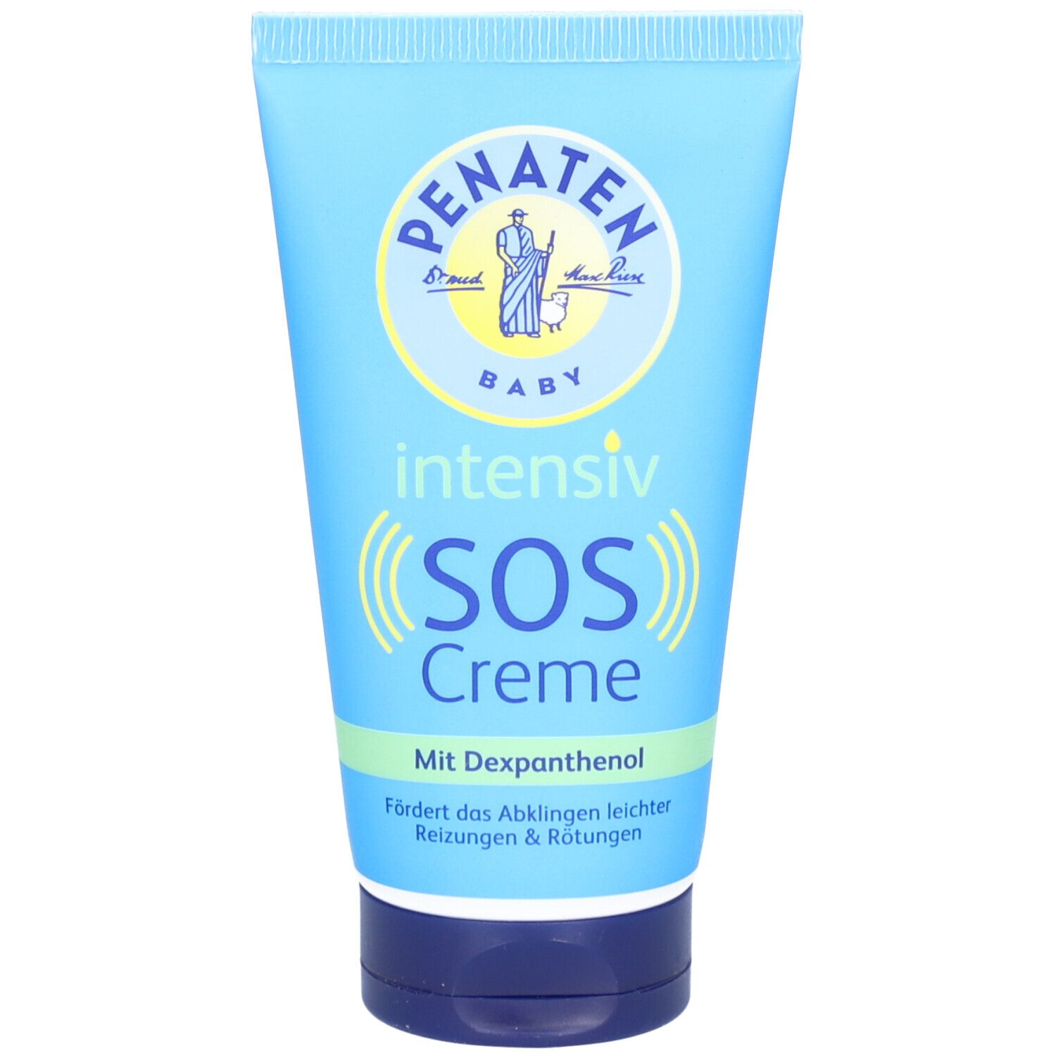 Hellblaue Tube PENATEN® SOS Creme. Aufschrift: intensiv, SOS Creme, Mit Dexpanthenol. Logo mit Baby.