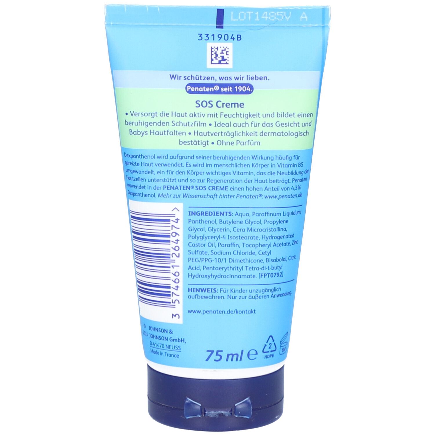 Rückseite der PENATEN® SOS Creme Tube. Text: SOS Creme, Inhaltsstoffe, 75 ml. Logo: Johnson & Johnson.