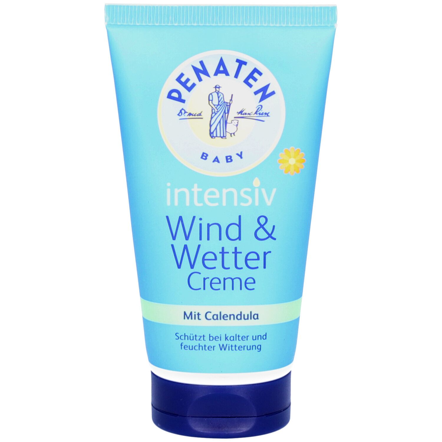 Hellblaue Tube PENATEN BABY Wind & Wetter Creme. Weißes Logo mit Figur. Text: intensiv Wind & Wetter Creme. Mit Calendula.