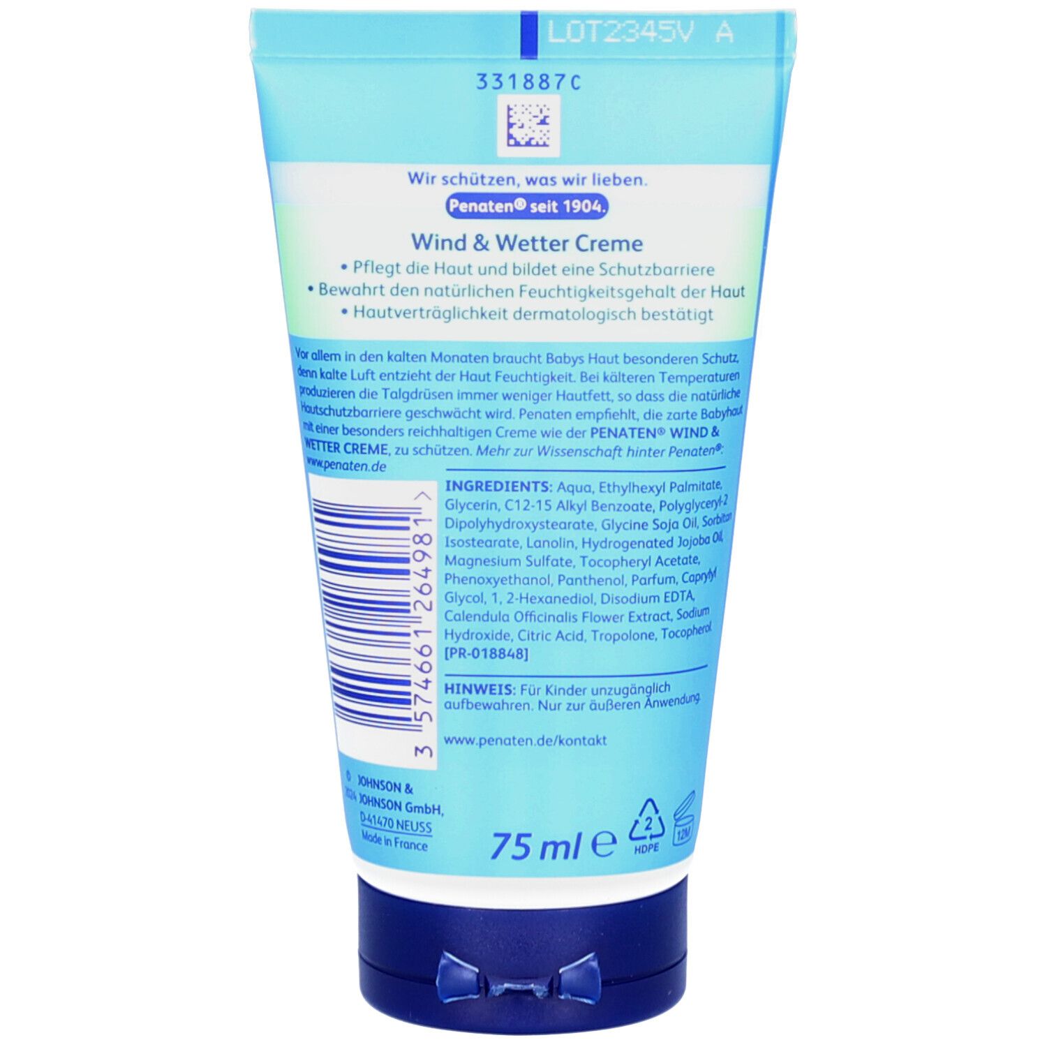 Rückseite der PENATEN Wind & Wetter Creme Tube. Text und Inhaltsstoffe. Volumen: 75 ml. Blauer Verschluss.