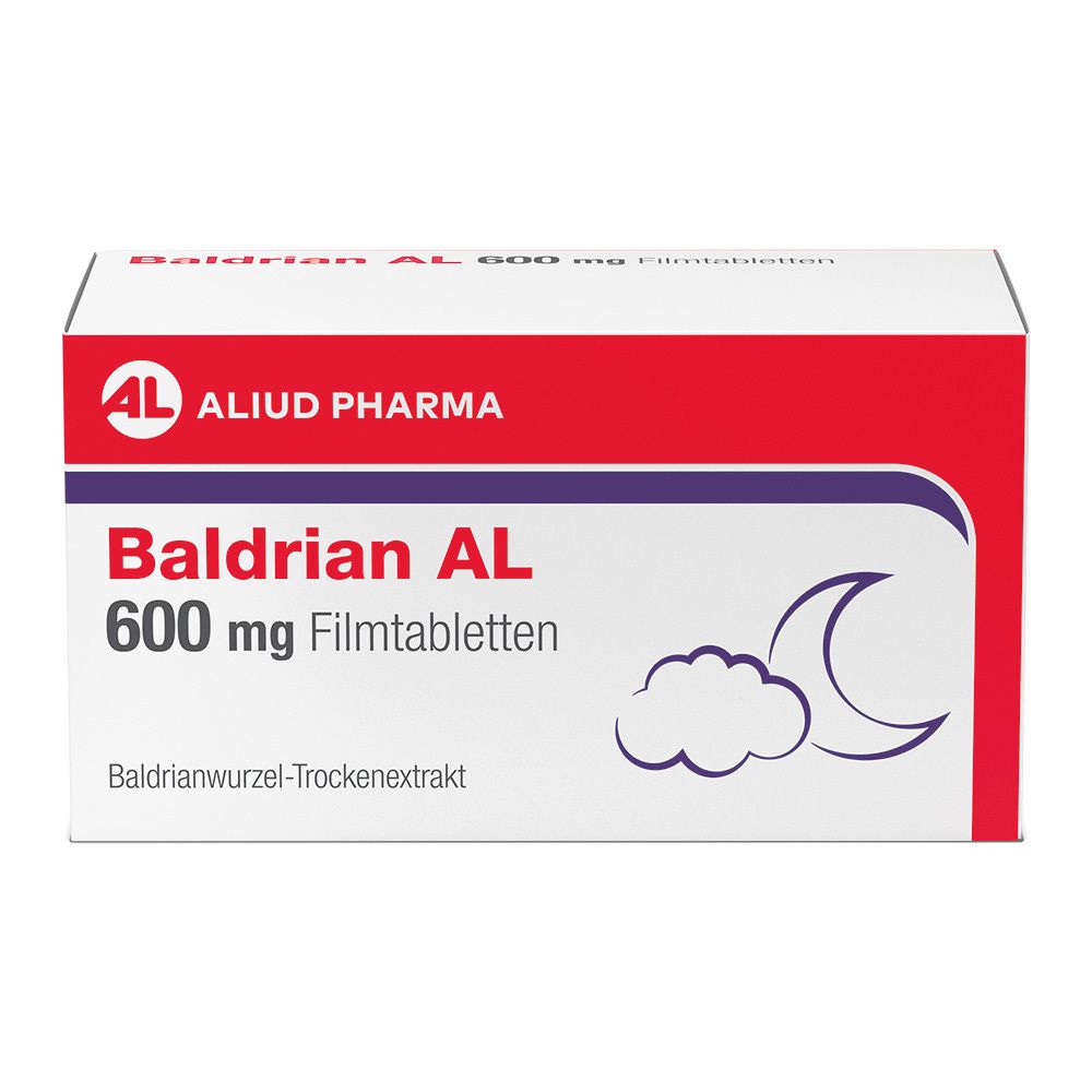 Schachtel mit Baldrian AL 600 mg Filmtabletten. Rote und weiße Verpackung mit Logo und Mond-Wolken-Symbol.