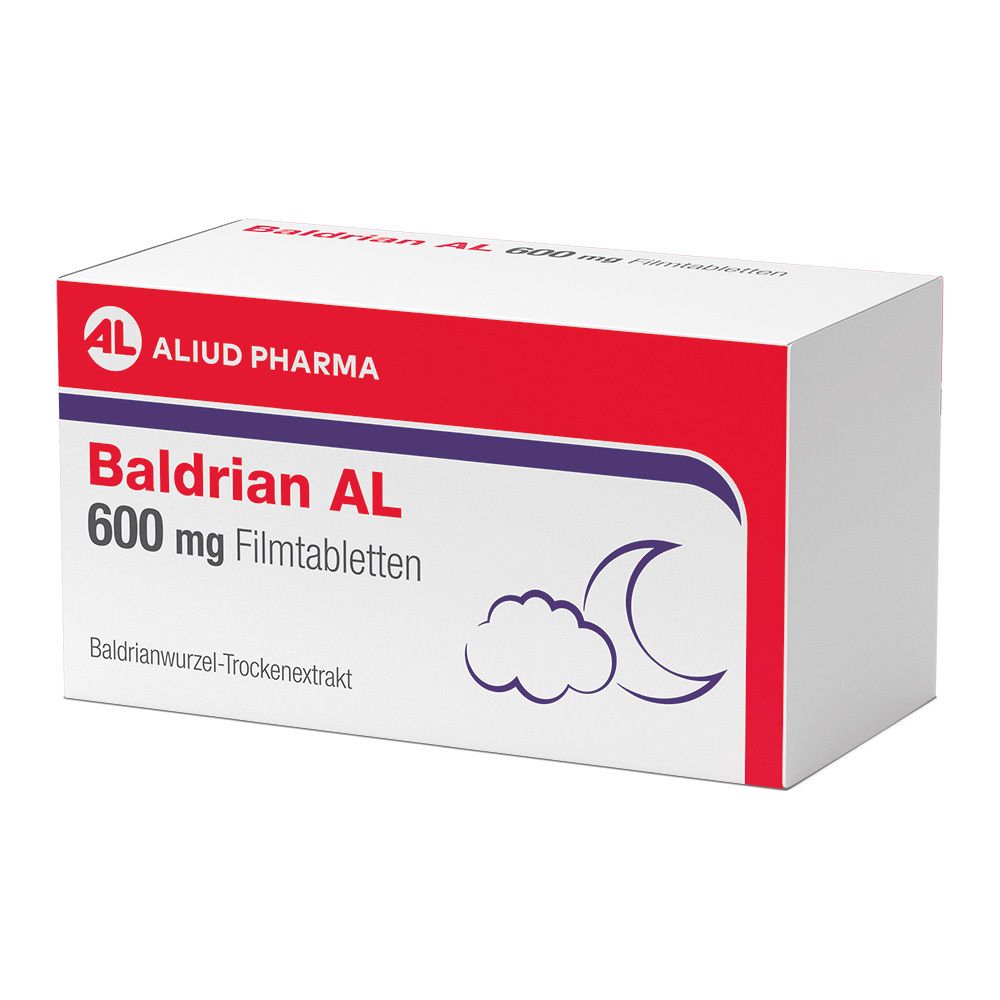 Schachtel mit Baldrian AL 600 mg Filmtabletten. Rote und weiße Verpackung mit Logo und Mond-Wolken-Symbol.