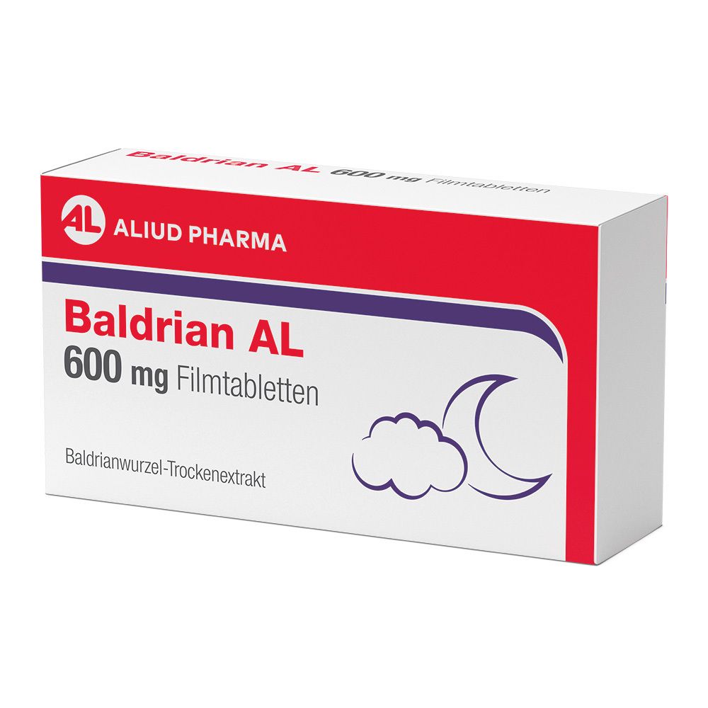Schachtel mit Baldrian AL 600 mg Filmtabletten. Rote und weiße Verpackung mit Logo und Mond-Wolken-Symbol.