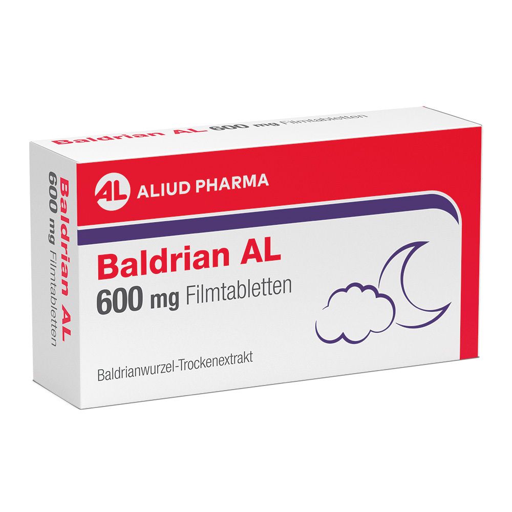 Schachtel mit Baldrian AL 600 mg Filmtabletten. Rote und weiße Verpackung mit Logo und Mond-Wolken-Symbol.