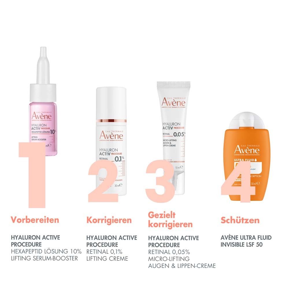 Vier Produkte. Rosa Flasche mit weißem Aufsatz. Aufschrift: HYALURON ACTIV PROCEDURE, Lifting Serum-Booster.