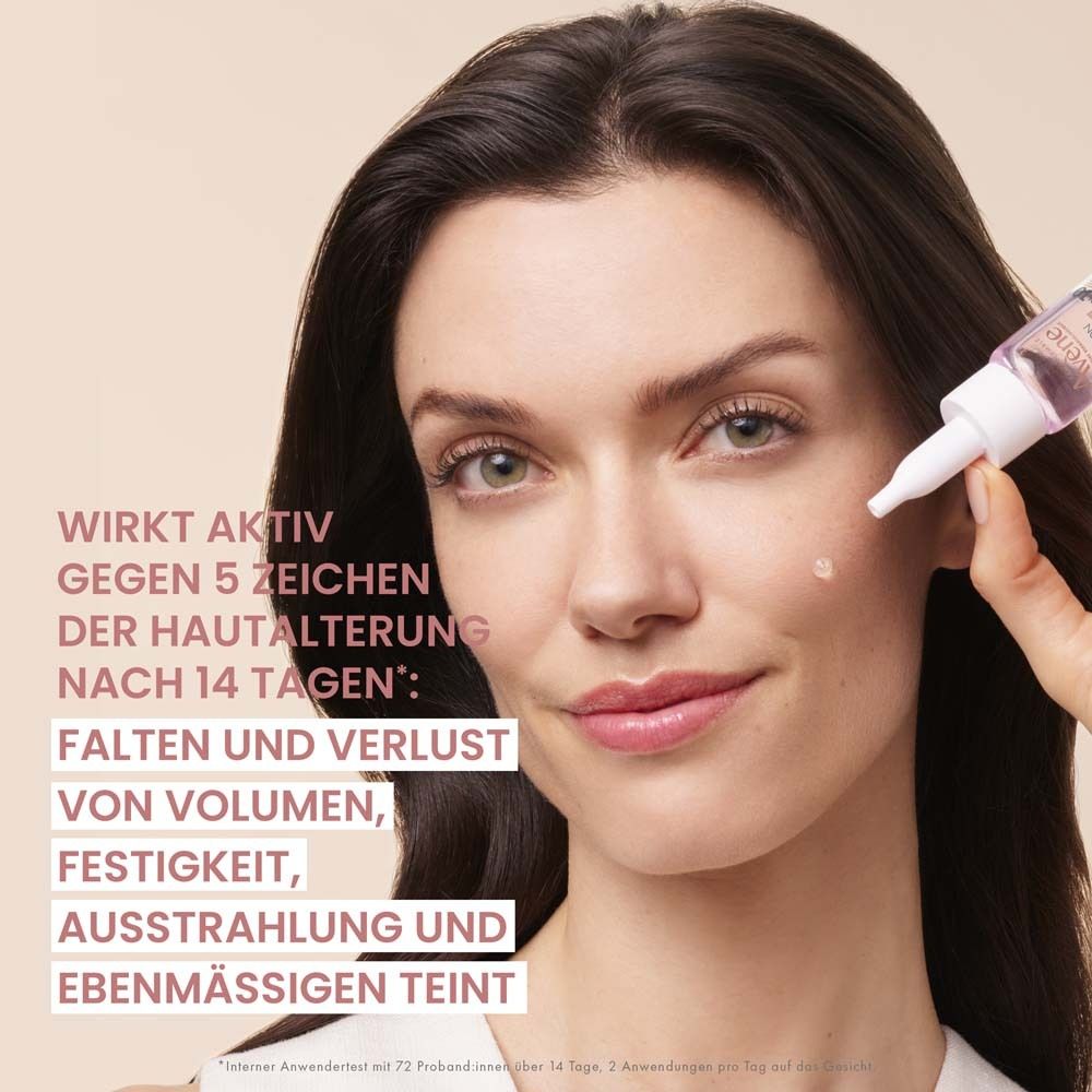 Frau mit Produkt. Rosa Flasche mit weißem Aufsatz. Aufschrift: HYALURON ACTIV PROCEDURE, Lifting Serum-Booster. Text.