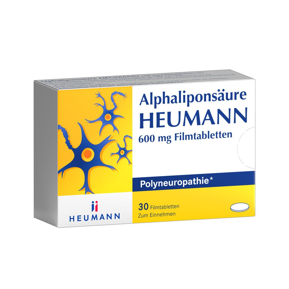 Schachtel mit ALPHALIPONSÄURE HEUMANN 600 mg Filmtabletten. Gelb-weißes Design mit Produktinformationen und Logo.