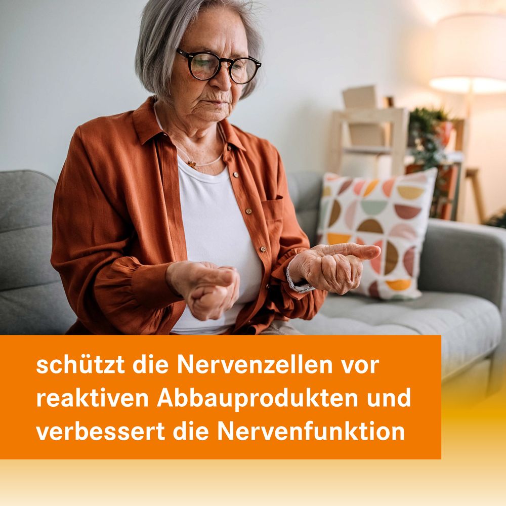 Ältere Frau mit Händen. Text: schützt die Nervenzellen vor reaktiven Abbauprodukten und verbessert die Nervenfunktion.