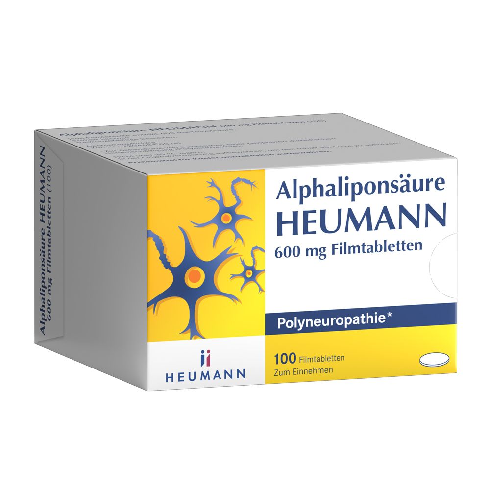 Schachtel mit ALPHALIPONSÄURE HEUMANN 600 mg Filmtabletten. Aufdruck: 100 Filmtabletten, HEUMANN Logo, gelber Hintergrund mit Nervenzellen.