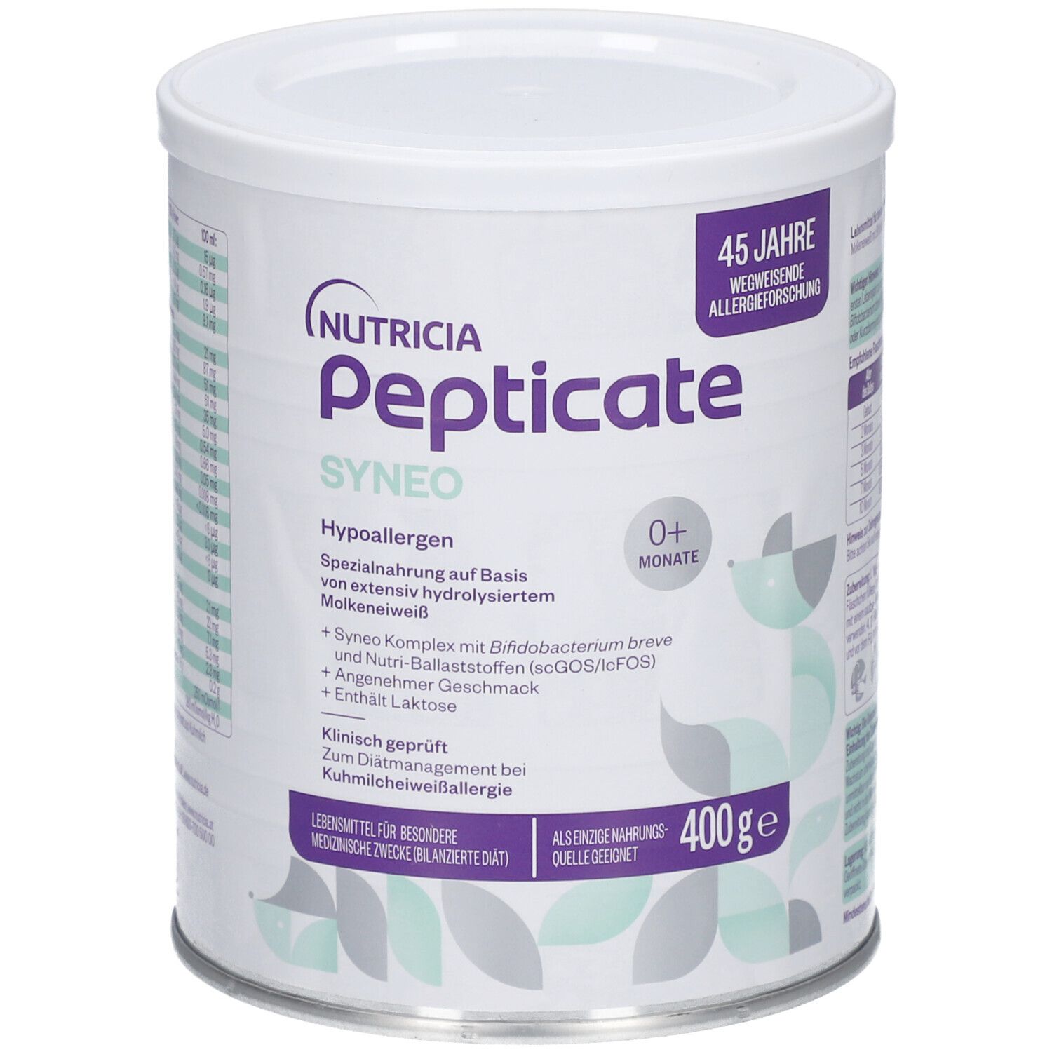 Weißes, rundes Produkt. Aufschrift: Nutricia Pepticate Syneo, 0+ Monate. 400g. Hypoallergen. Spezialnahrung.