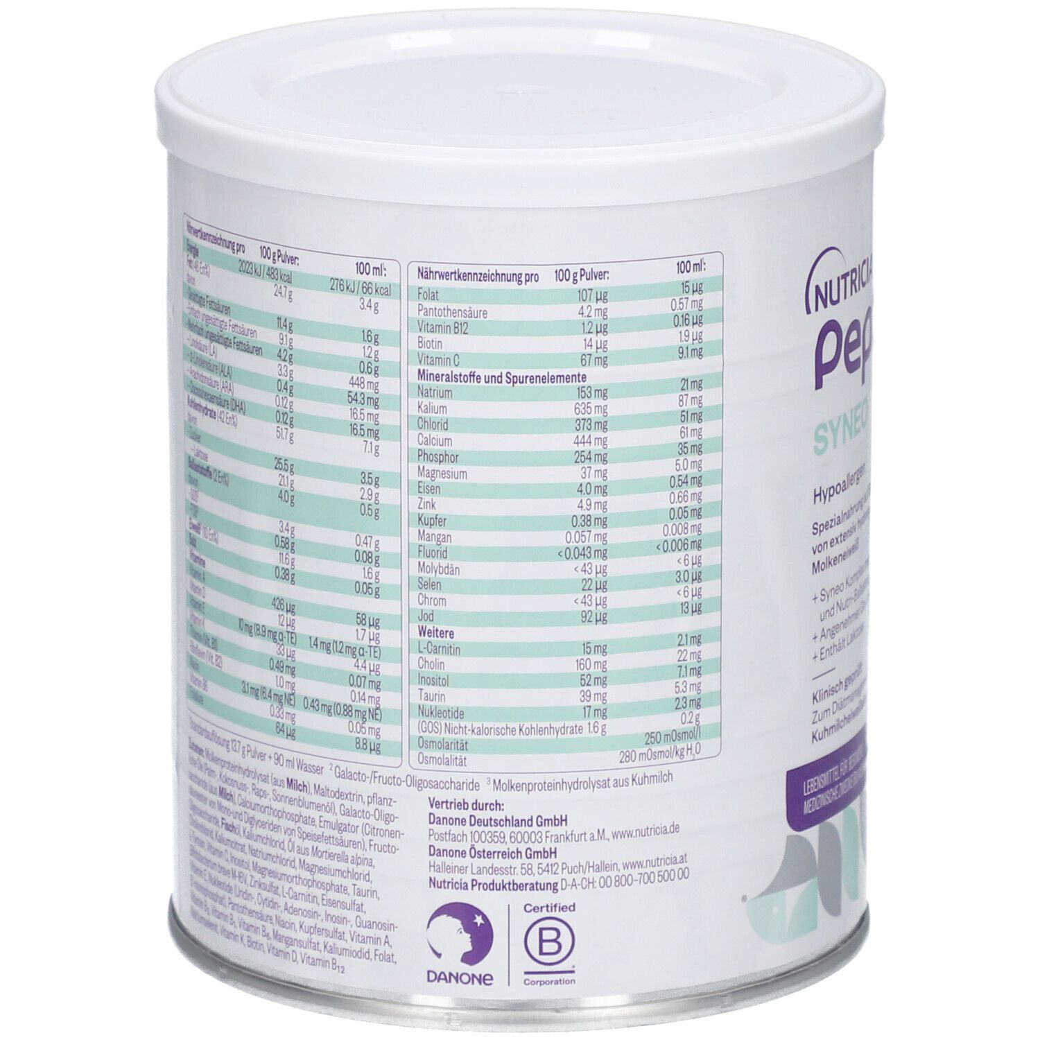 Runde Dose mit Nährwertangaben. Enthält Tabellen mit Nährwerten pro 100g Pulver und pro 100ml. Marke: Nutricia Pepticate.