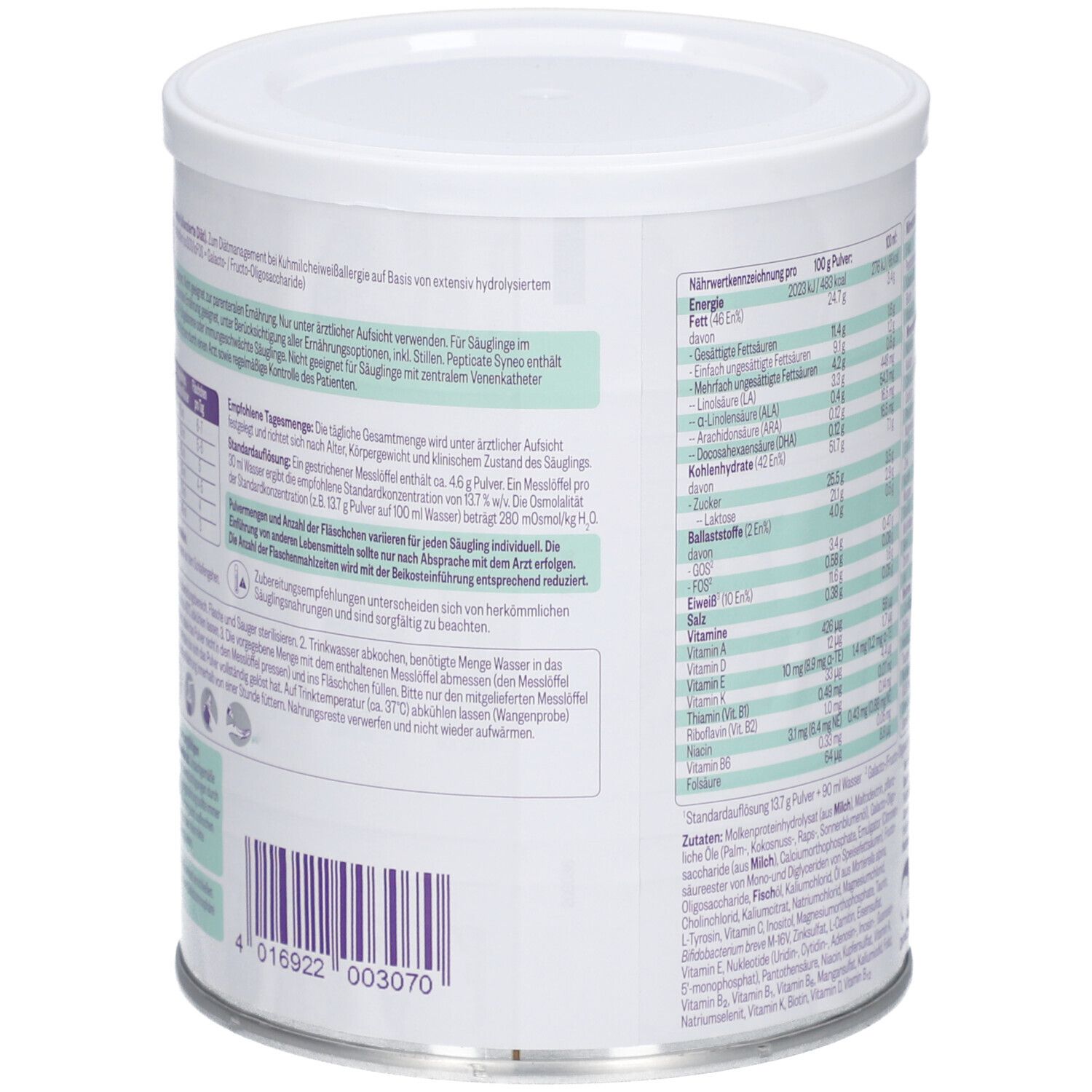 Runde Dose mit Text. Enthält Informationen zur Zubereitung und Hinweise zur Verwendung. Barcode und Nährwertangaben.