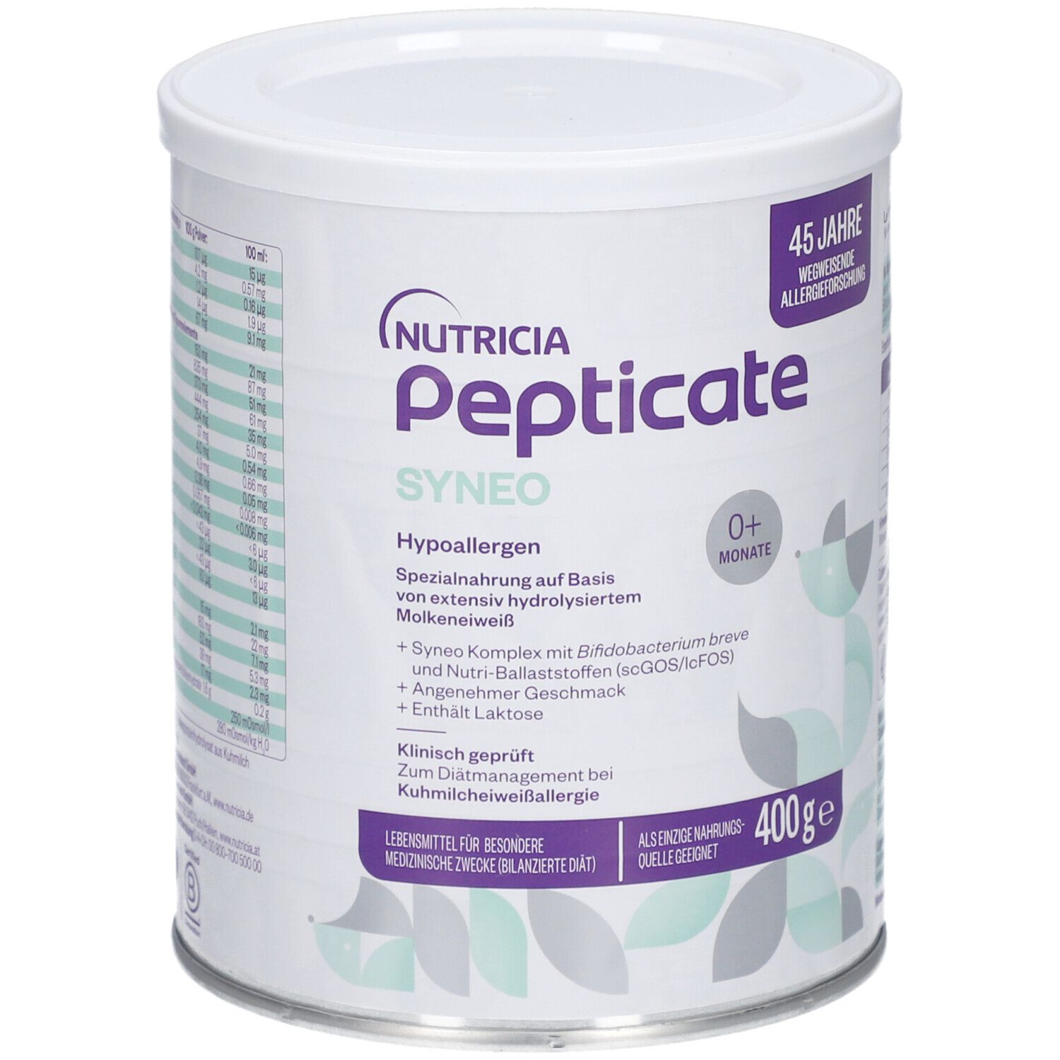 Weißes, rundes Produkt. Aufschrift: Nutricia Pepticate Syneo, 0+ Monate. 400g. Hypoallergen. Spezialnahrung.