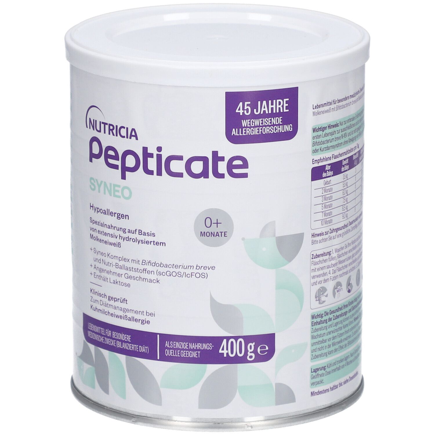Weißes, rundes Produkt. Aufschrift: Nutricia Pepticate Syneo, 0+ Monate. 400g. Hypoallergen. Spezialnahrung.