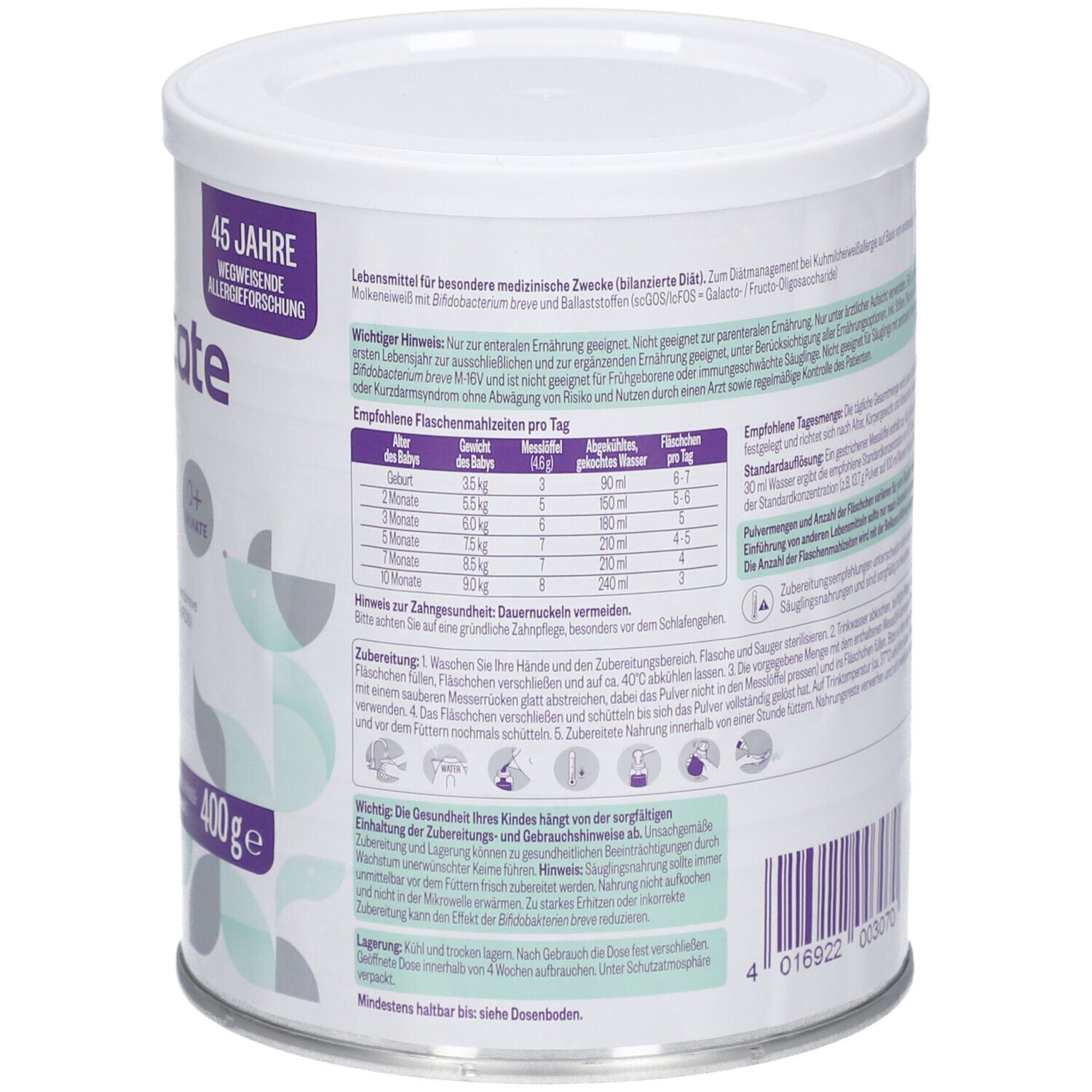 Runde Dose mit Text. Enthält Informationen zur Dosierung, Zubereitung und Hinweise. Barcode und Nährwertangaben.