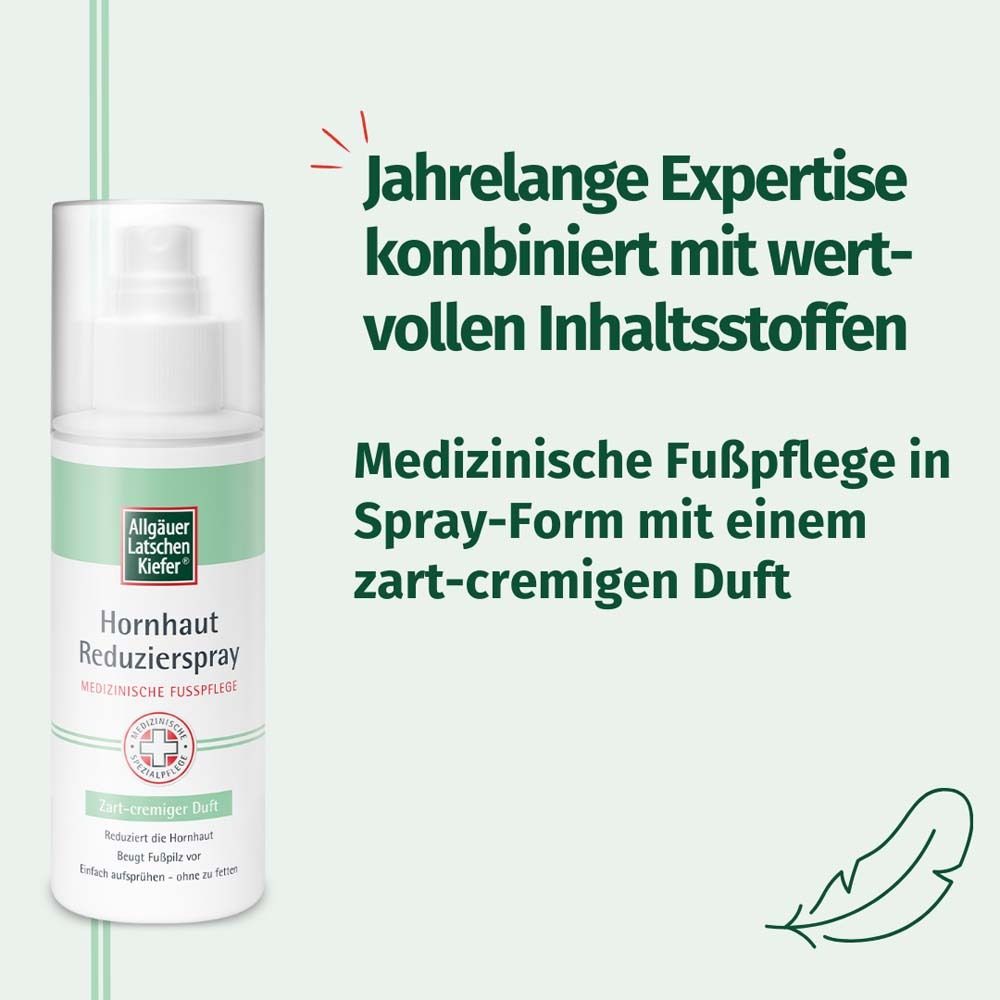 Spray mit Text. Aufschrift: Hornhaut Reduzierspray, Allgäuer Latschenkiefer®. Medizinische Fußpflege in Spray-Form.