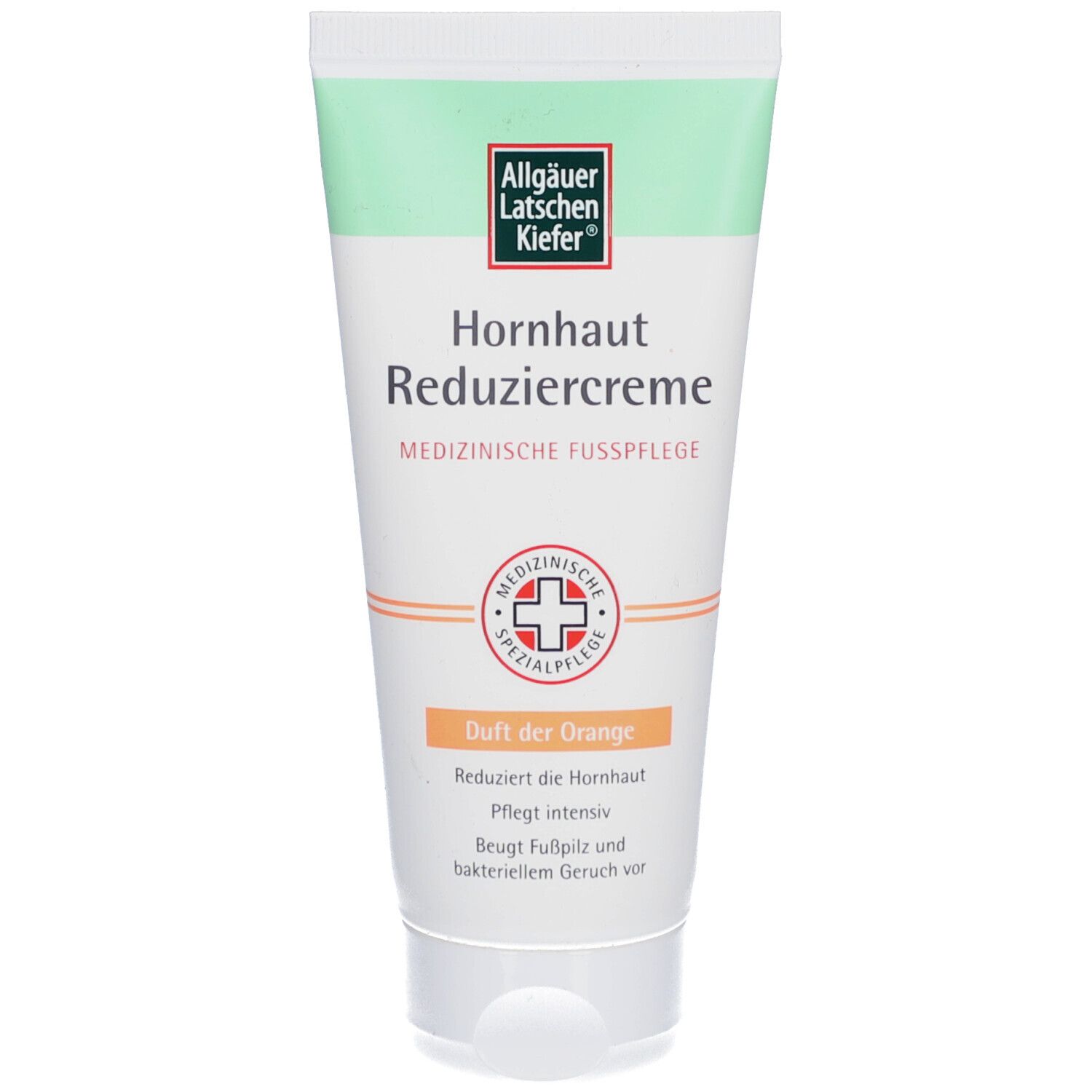 Creme-Tube mit Produktnamen und Logo. Orangefarbener Streifen mit Text. Medizinische Fußpflege.