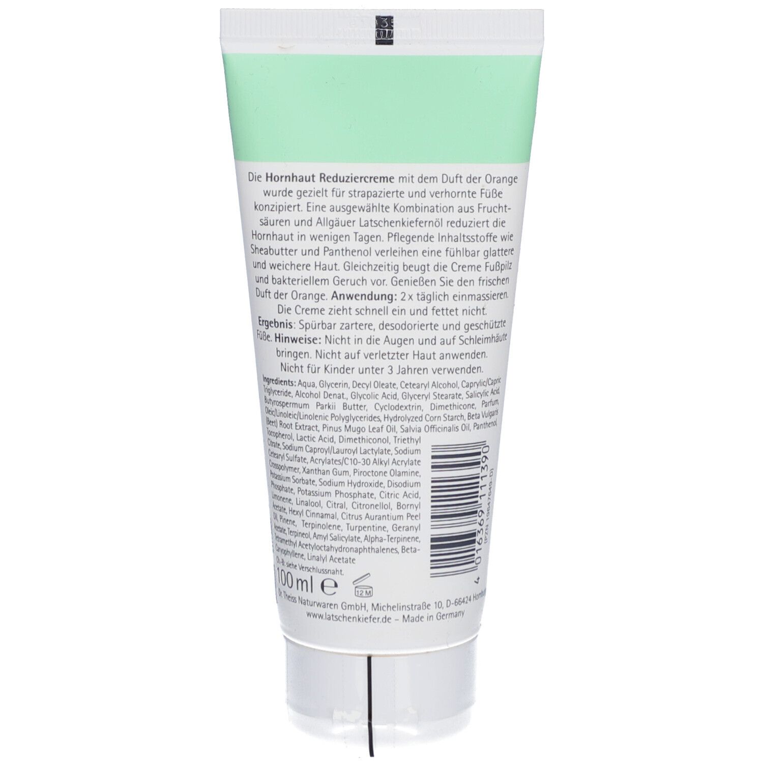 Rückseite der Creme-Tube mit Text und Inhaltsstoffen. Grüner Streifen am oberen Rand. Barcode.